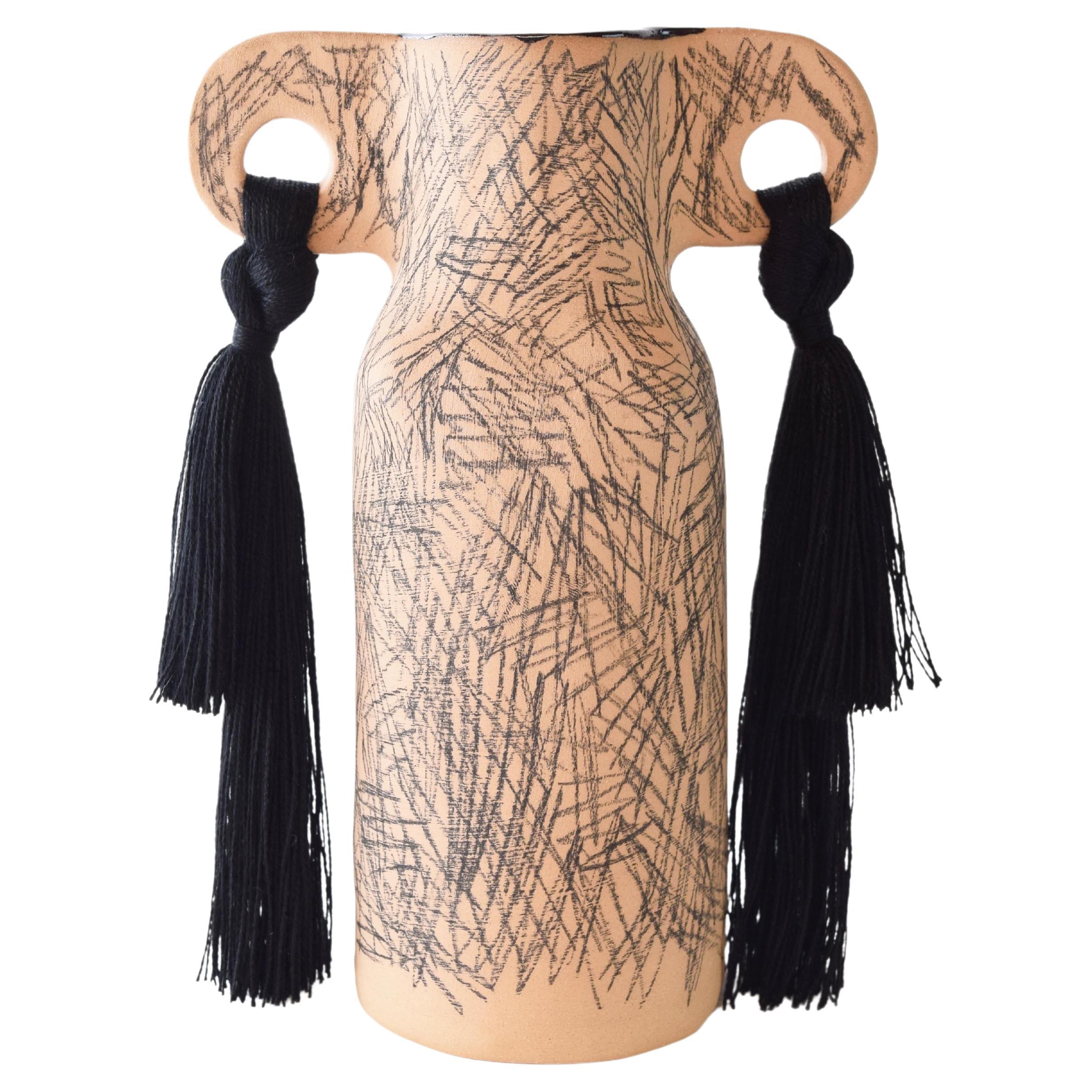 OOAK Handmade Ceramic Vase #606 - Hand Drawn Black Underglaze & Tencel Fringe