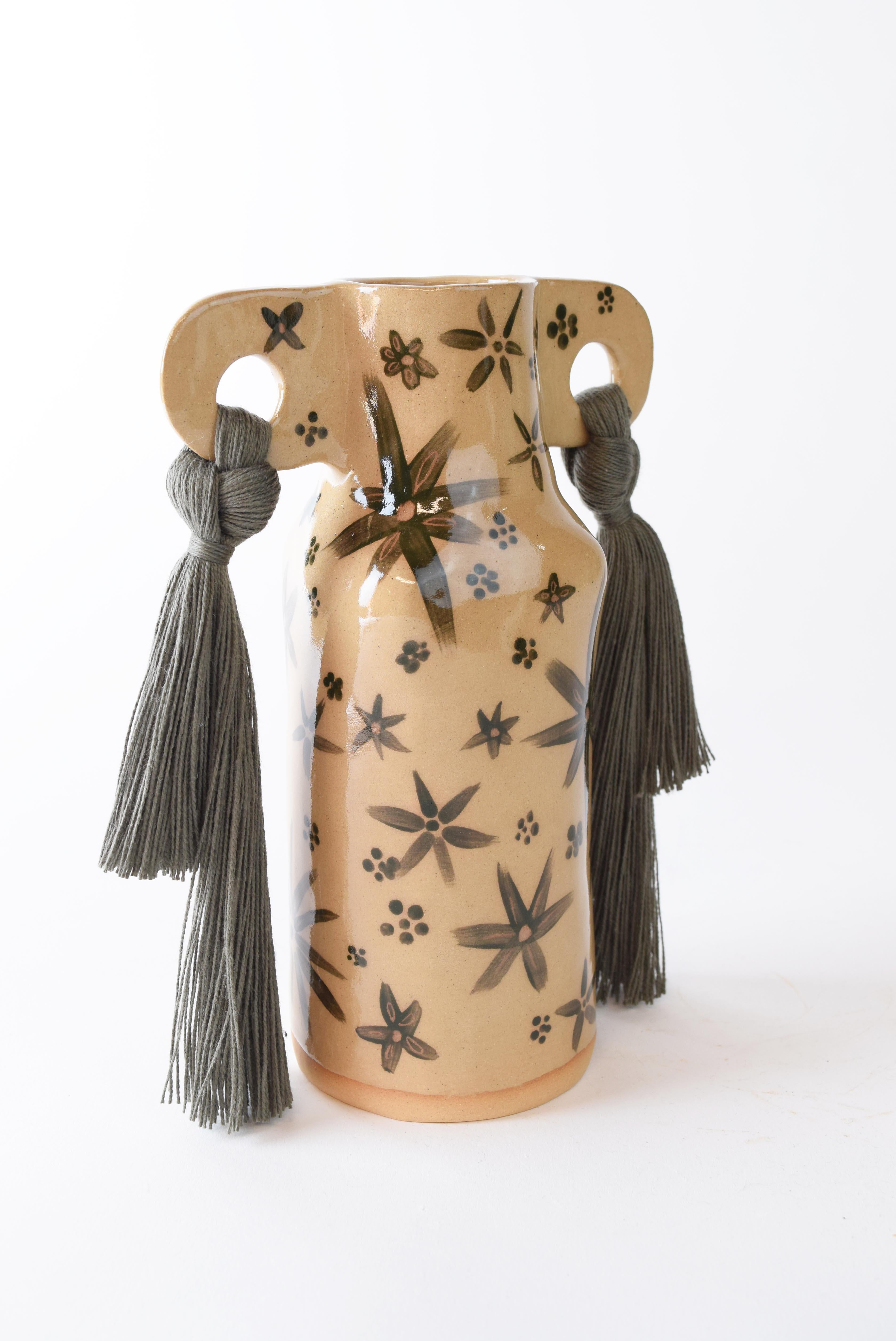 Organic Modern OOAK Handmade Ceramic Vase #606 - Olive Green Hand Glazed Floral & Cotton Braid