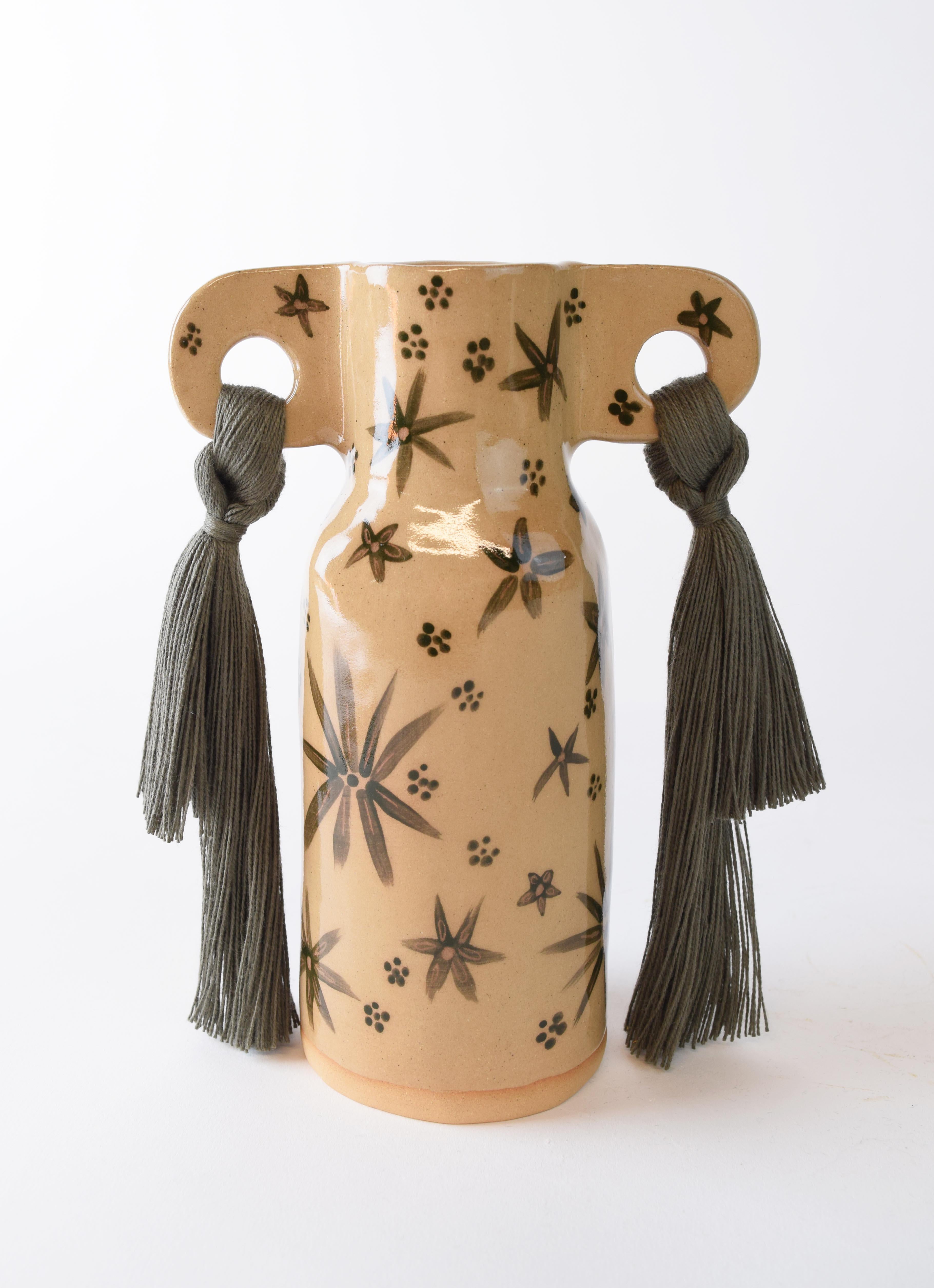 American OOAK Handmade Ceramic Vase #606 - Olive Green Hand Glazed Floral & Cotton Braid