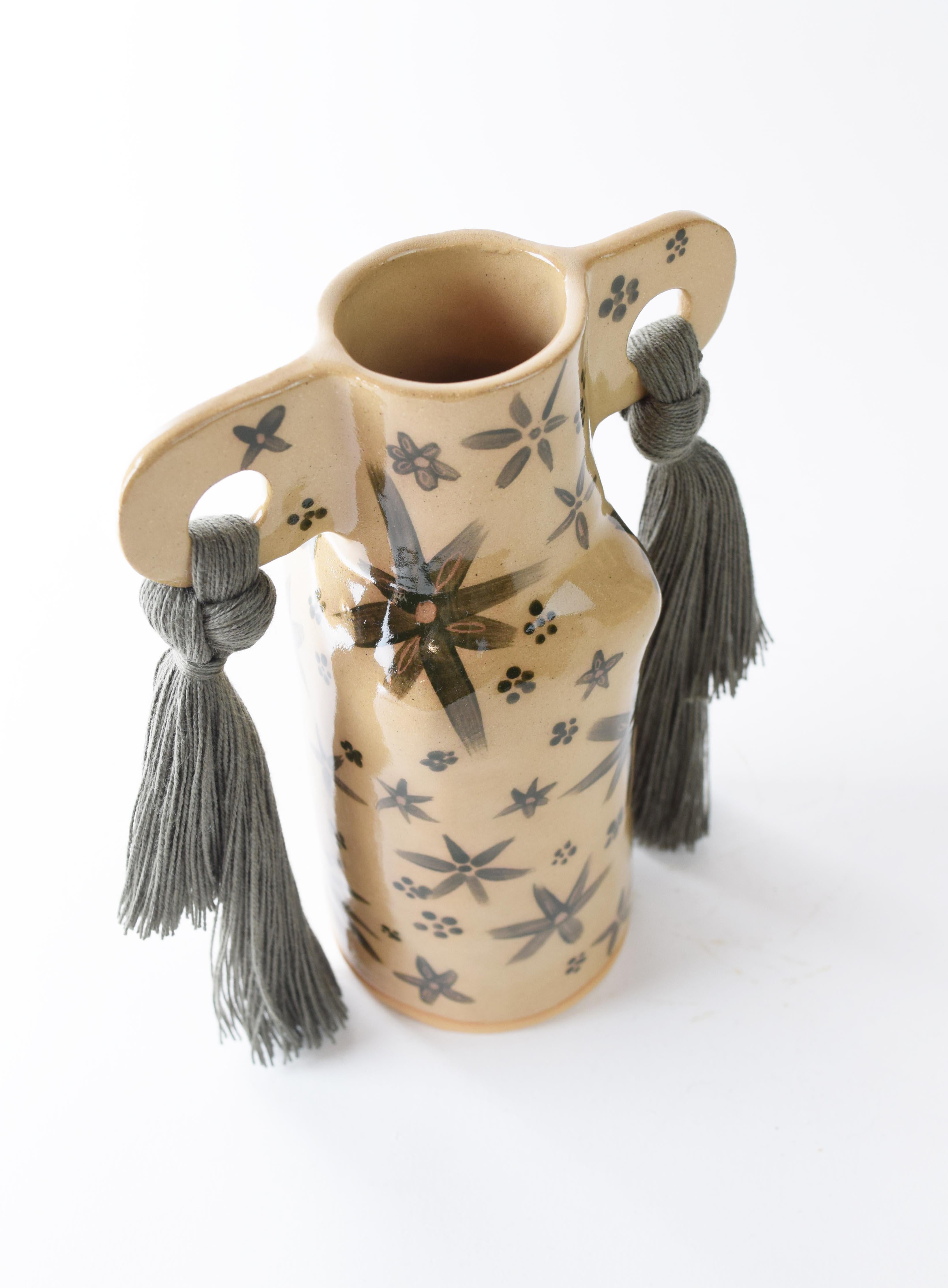 Hand-Knotted OOAK Handmade Ceramic Vase #606 - Olive Green Hand Glazed Floral & Cotton Braid