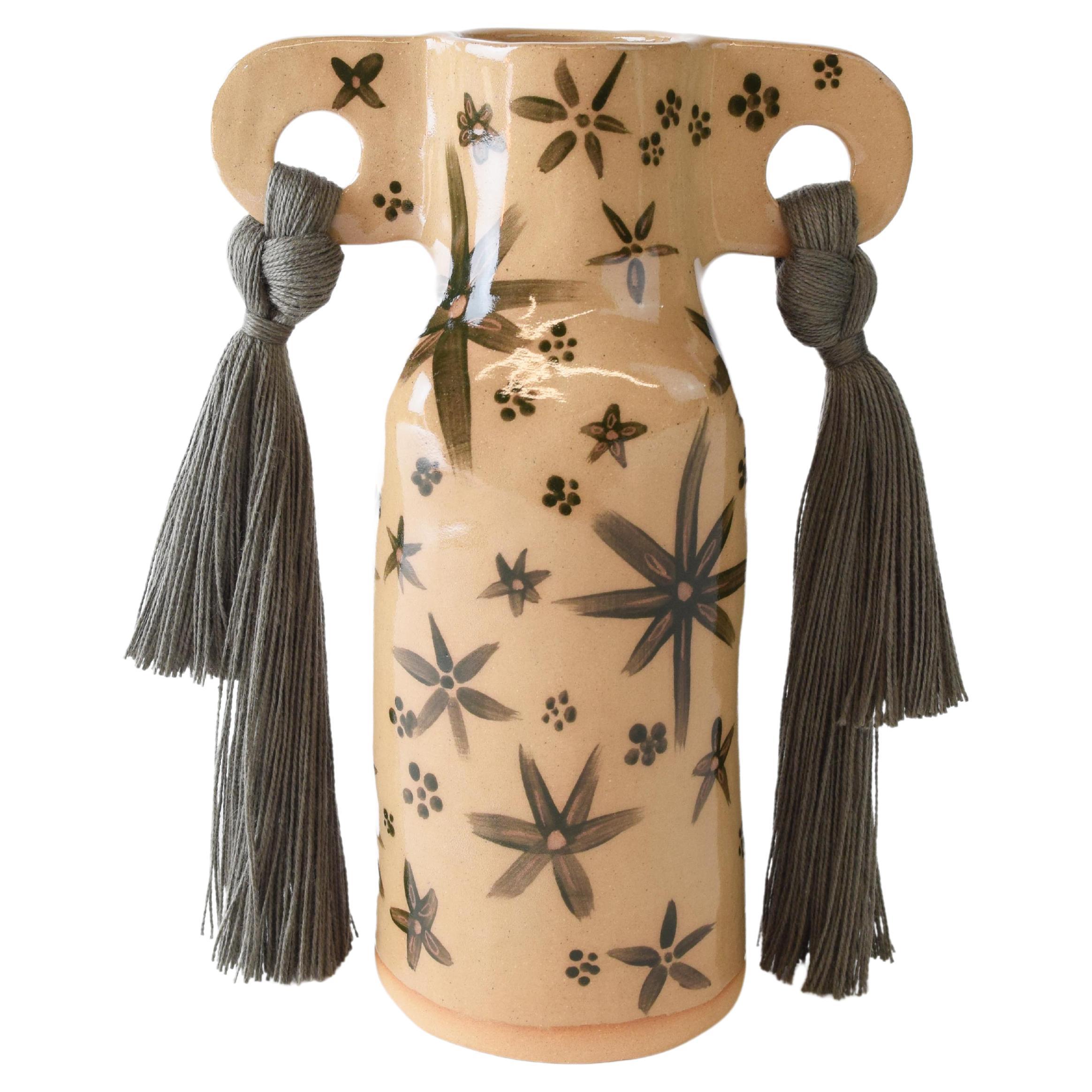 OOAK Handmade Ceramic Vase #606 - Olive Green Hand Glazed Floral & Cotton Braid