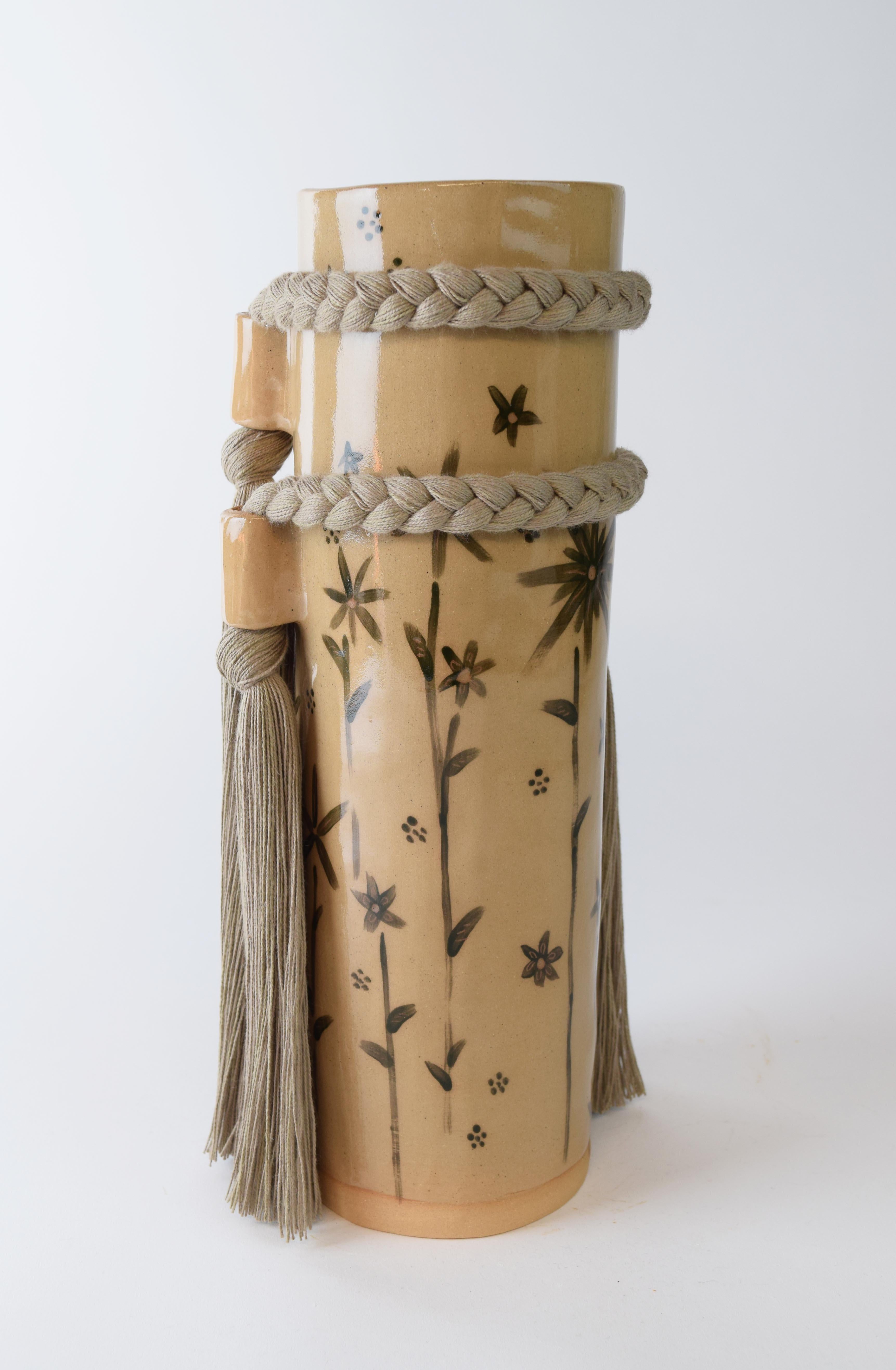 American OOAK Handmade Ceramic Vase #735 - Olive Green Glazed Floral & Khaki Cotton Braid