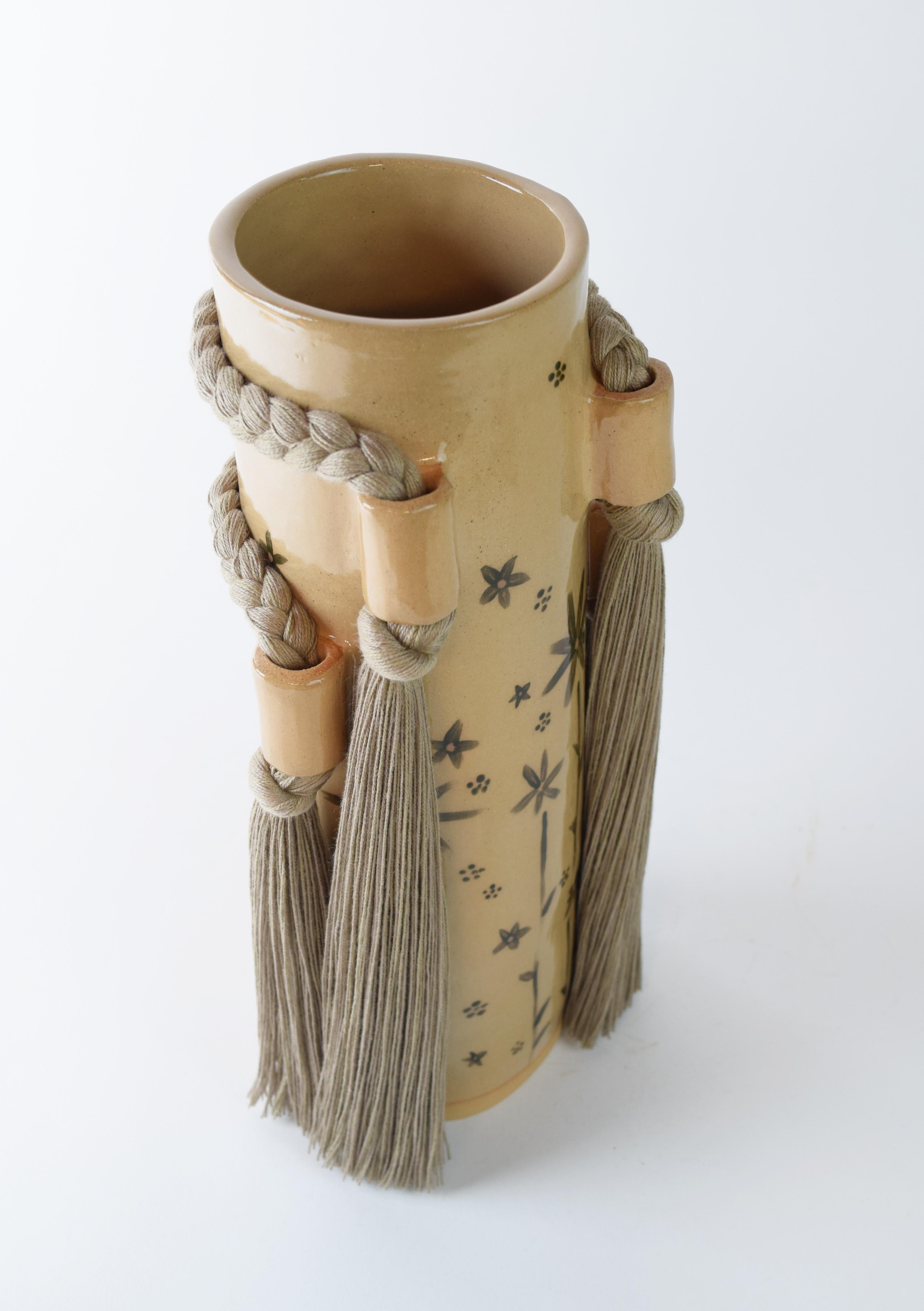 Hand-Knotted OOAK Handmade Ceramic Vase #735 - Olive Green Glazed Floral & Khaki Cotton Braid