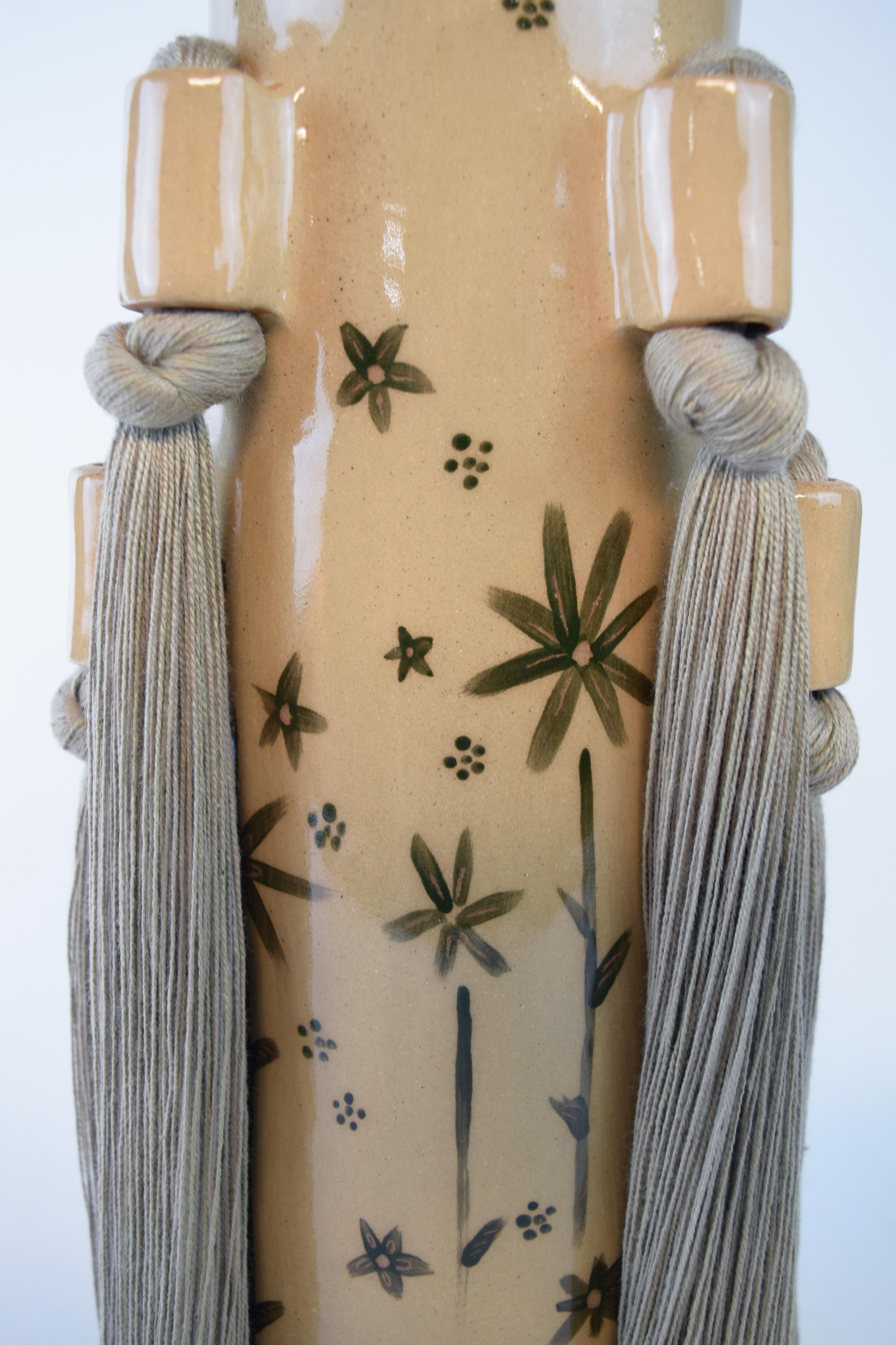 OOAK Handmade Ceramic Vase #735 - Olive Green Glazed Floral & Khaki Cotton Braid In New Condition In Proctorsville, VT