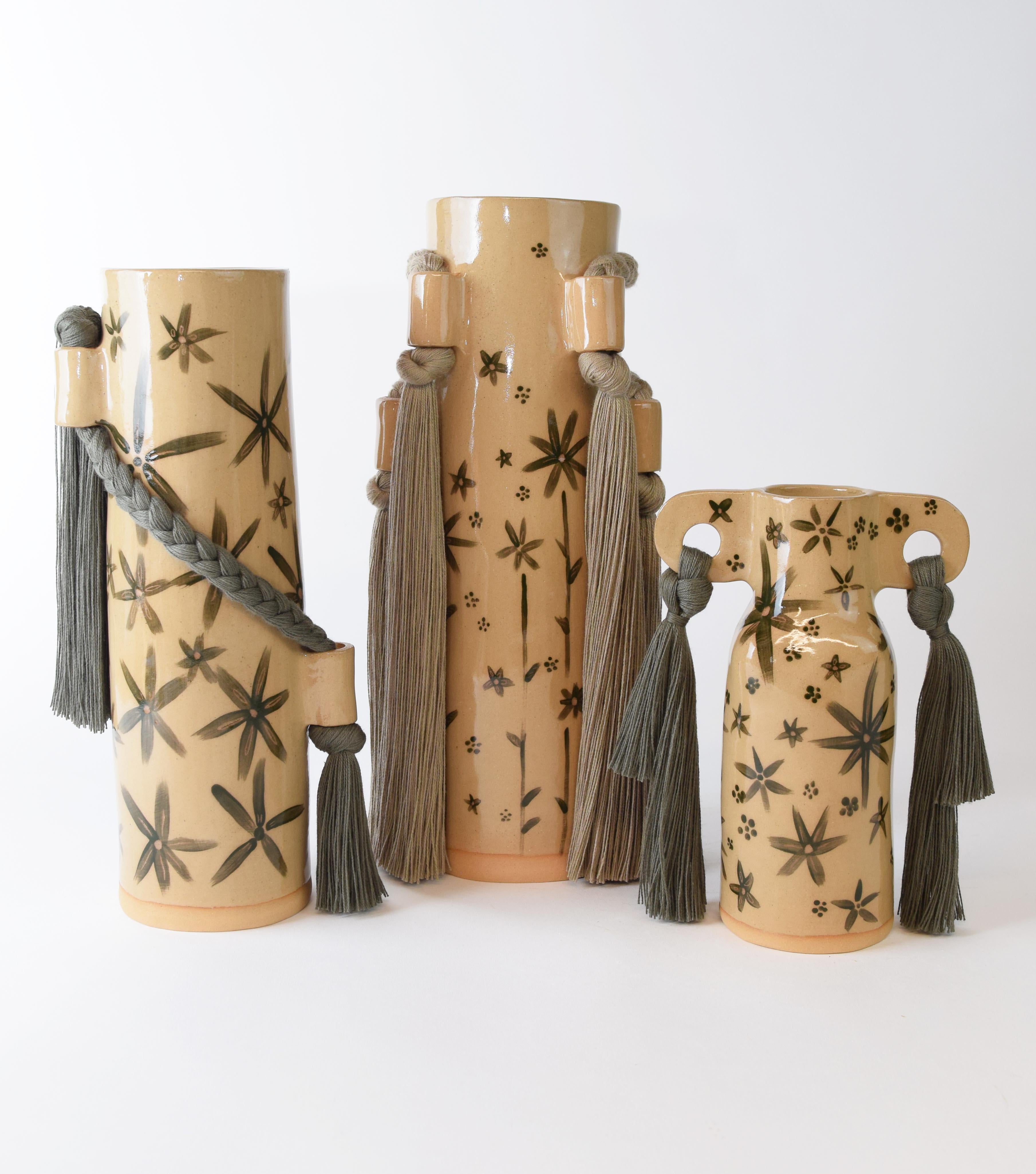 Contemporary OOAK Handmade Ceramic Vase #735 - Olive Green Glazed Floral & Khaki Cotton Braid