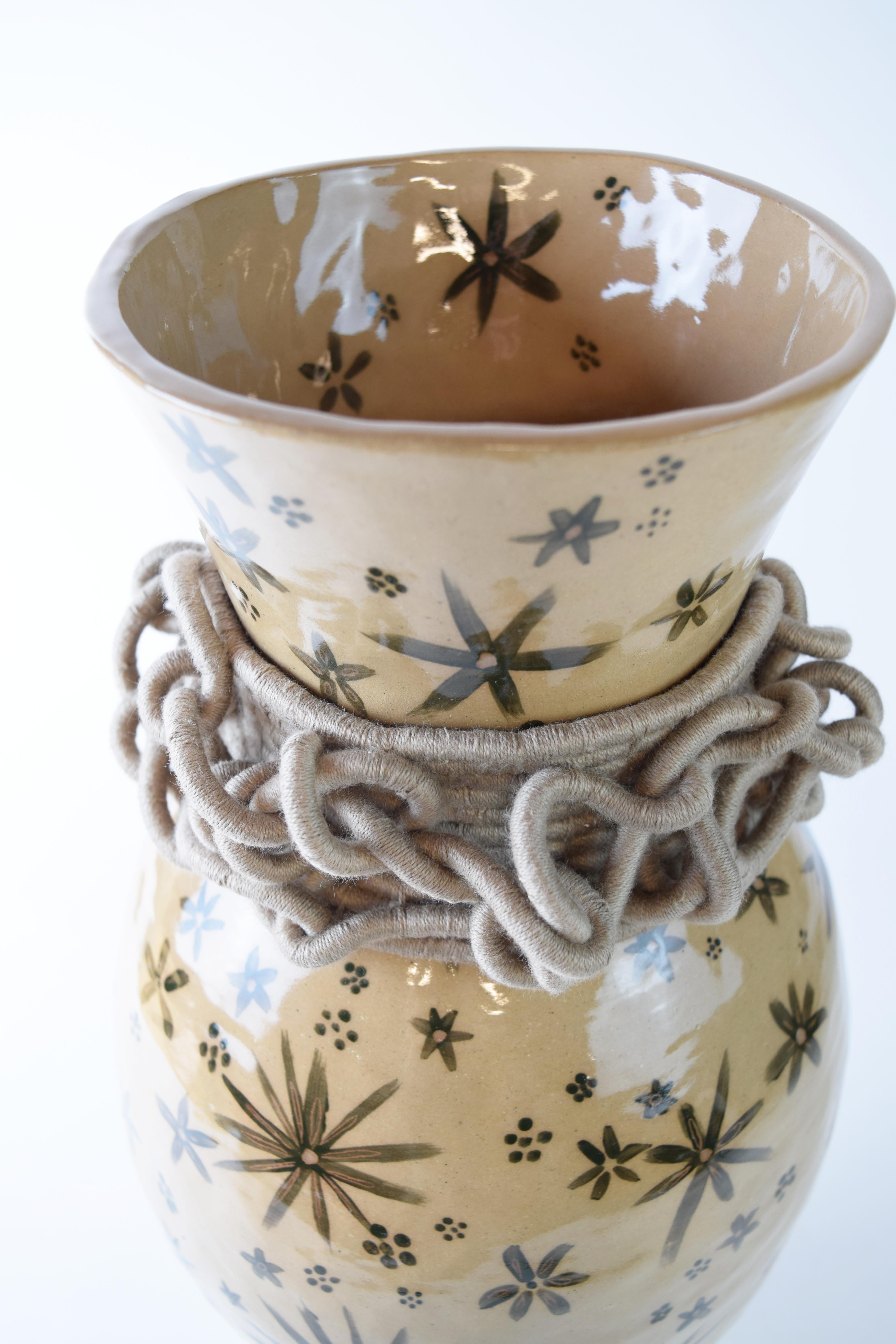 Hand-Crafted OOAK Handmade Ceramic Vase #790 - Olive Green Glazed Floral, Khaki Cotton Detail For Sale