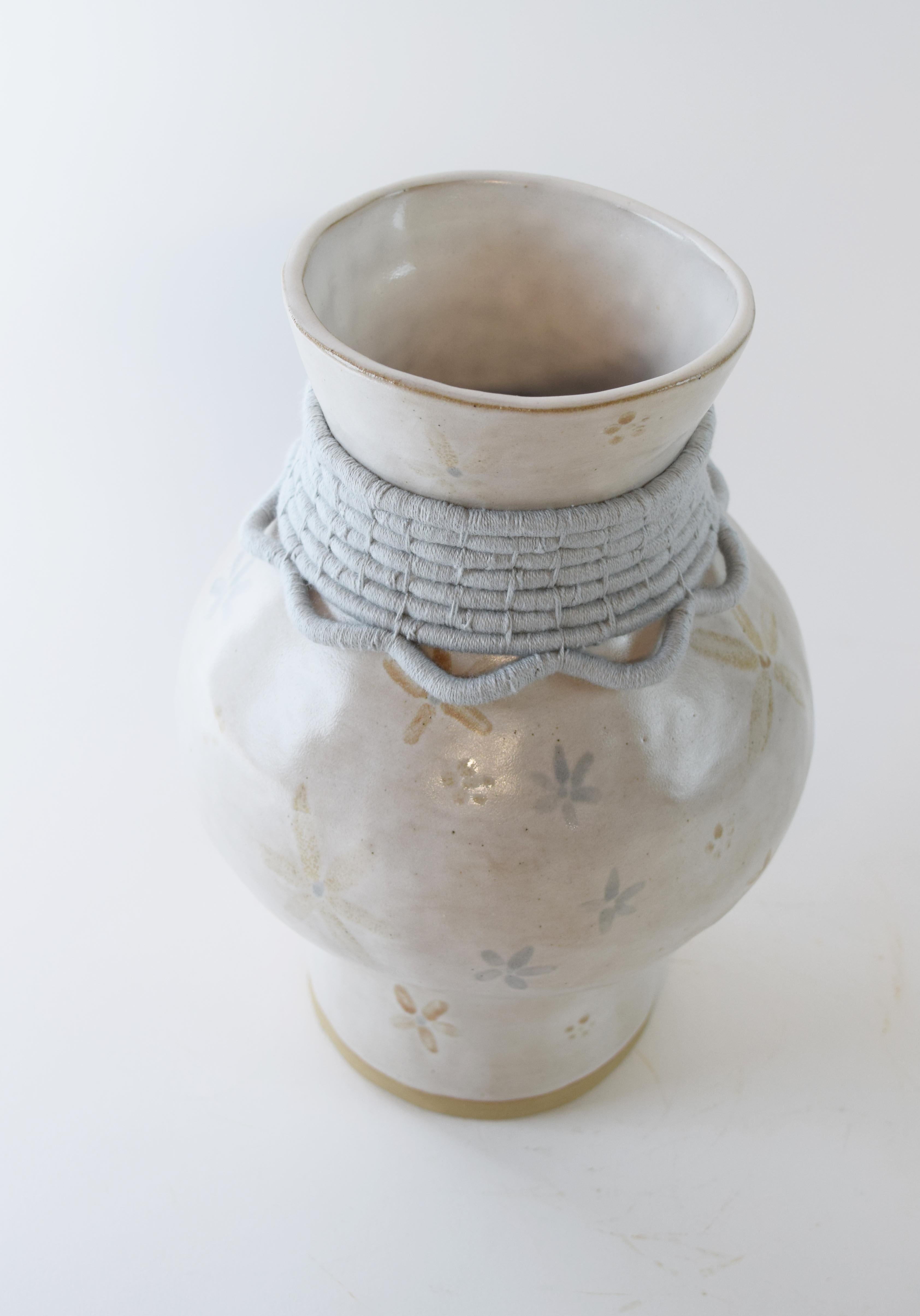 American OOAK Handmade Ceramic Vase #791 - Hand Glazed Floral & Light Blue Cotton Detail For Sale