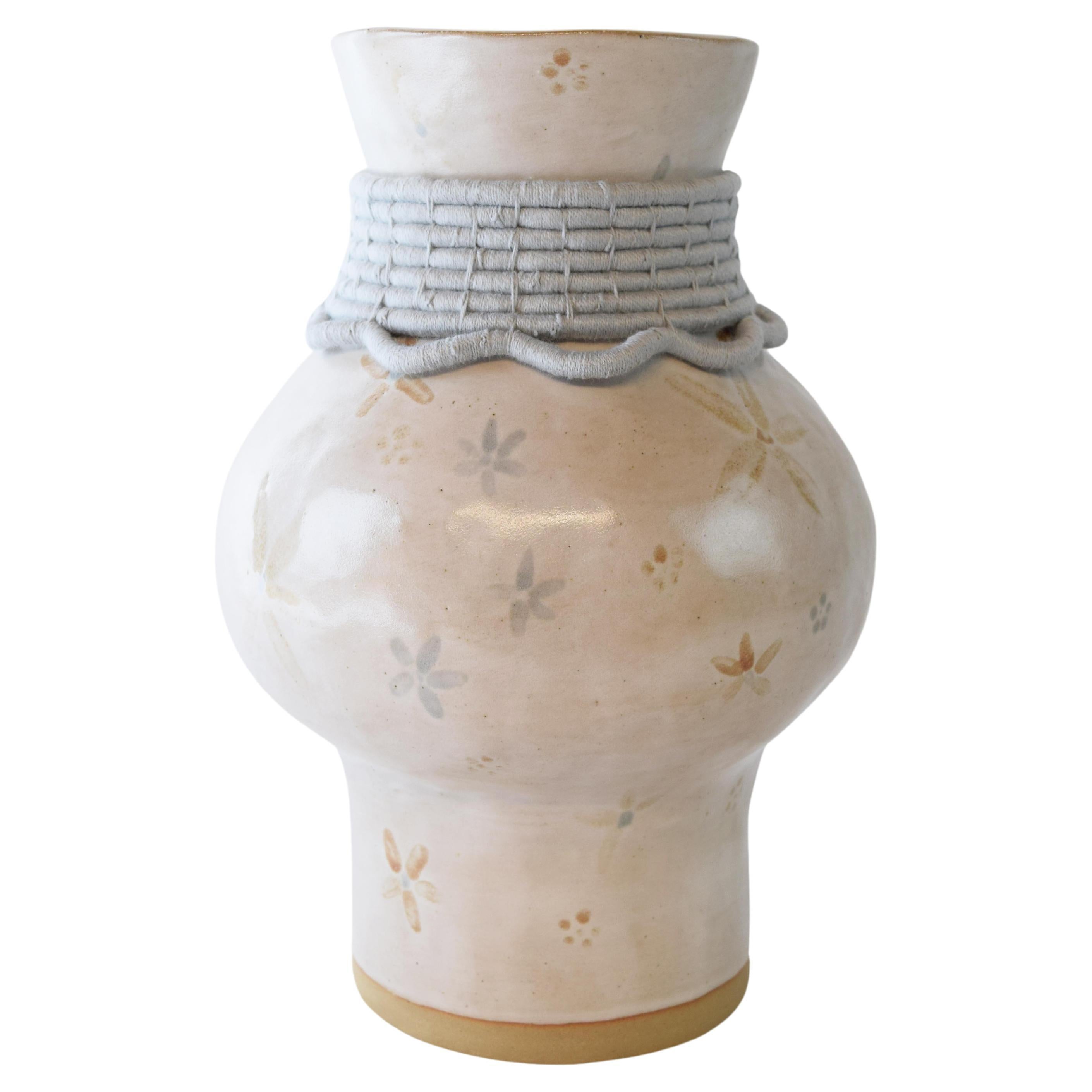 OOAK Handmade Ceramic Vase #791 - Hand Glazed Floral & Light Blue Cotton Detail