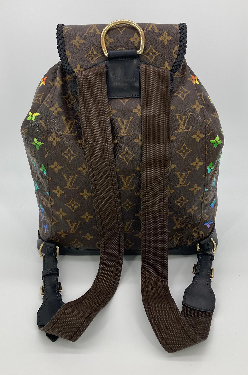 OOAK Louis Vuitton Hand Painted Leather Wrapped Montsouris GM Backpack in very good condition. Signature monogram canvas exterior trimmed with black leather and one of a kind hand painted rainbow monogram throughout. double back nylon and leather