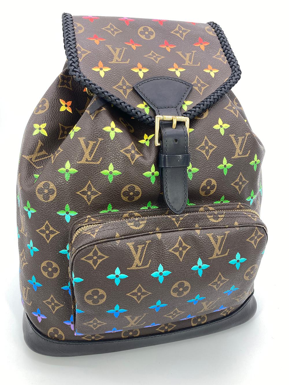 Black OOAK Louis Vuitton Hand Painted Leather Wrapped Montsouris GM Backpack For Sale