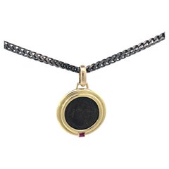 OOAK Pendant Ancient Roman Bronze Coin With Ruby Square
