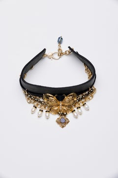 OOAK Reworked Vintage Butterfly Pendant Baroque Pearl Leather Statement Choker