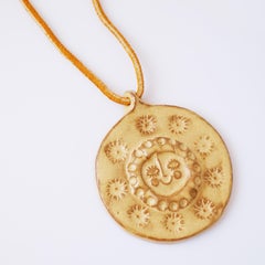 OOAK Smiling Sun Glazed Ceramic Medallion Necklace With Leather Cord, 1960s