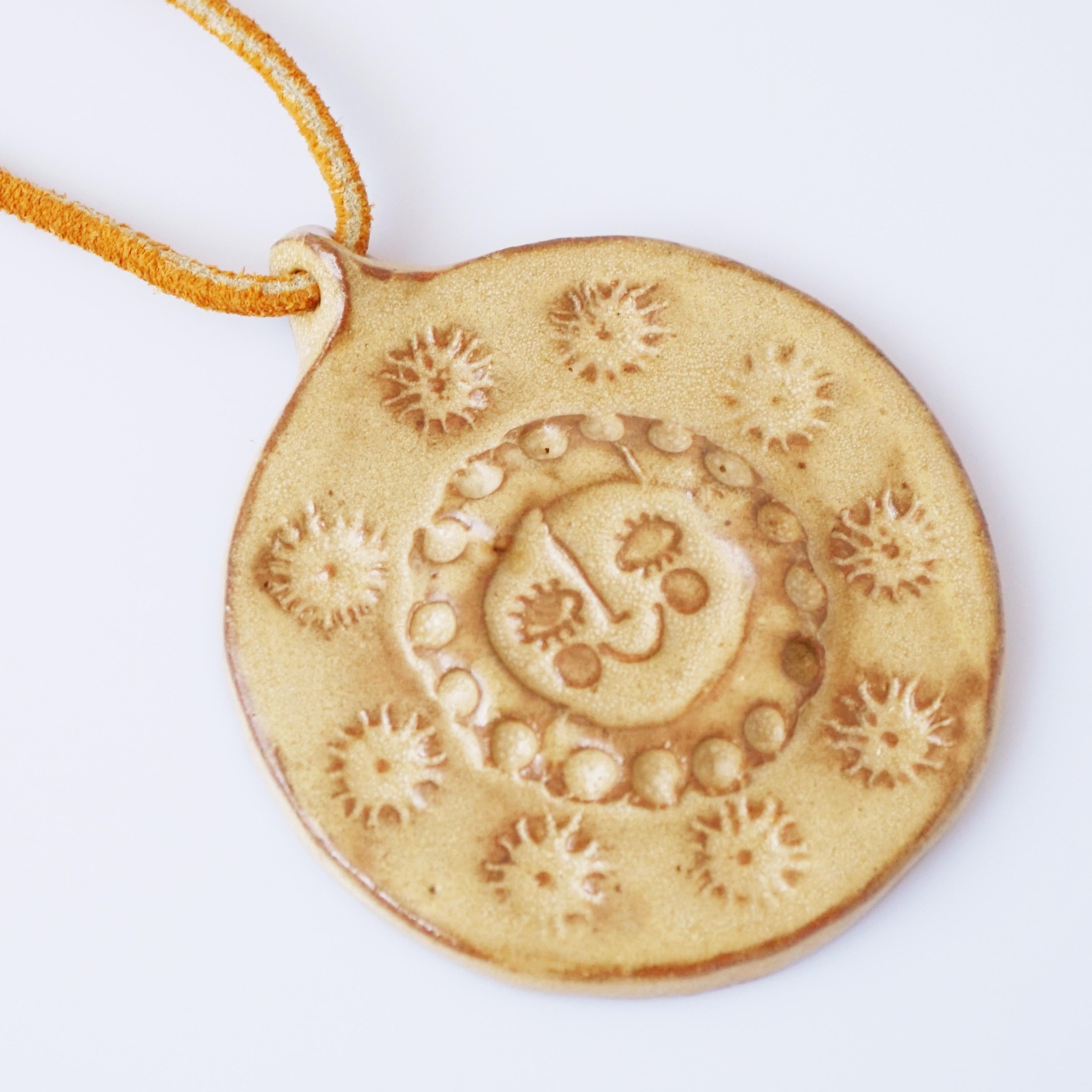 Modern OOAK Smiling Sun Glazed Ceramic Medallion Necklace With Leather Cord, 1960s For Sale