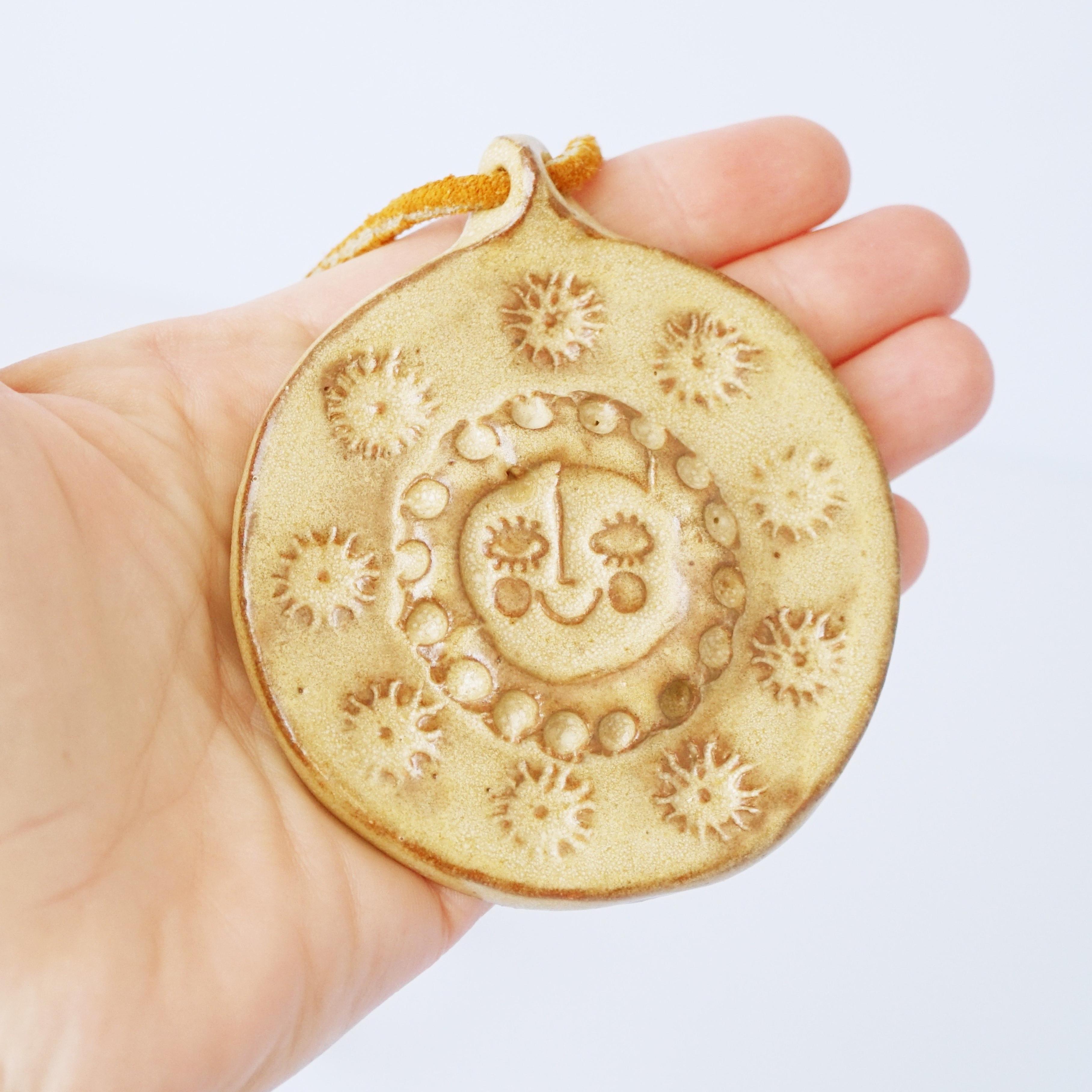 OOAK Smiling Sun Glazed Ceramic Medallion Necklace With Leather Cord, 1960s For Sale 1