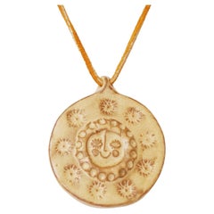 OOAK Smiling Sun Glazed Ceramic Medallion Necklace With Leather Cord, 1960s