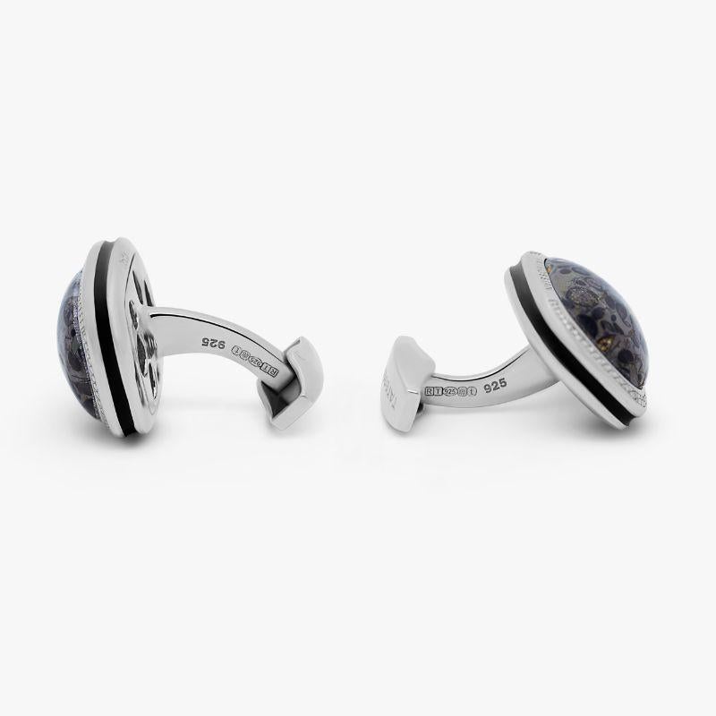 Oolite Marble Cufflinks in Sterling Silver, Limited Edition

Oolite Marble is a sedimentary rock, composed of concentric layers which developed during the Jurassic age around 200 million years ago. Each polished stone is set into our rhodium plated