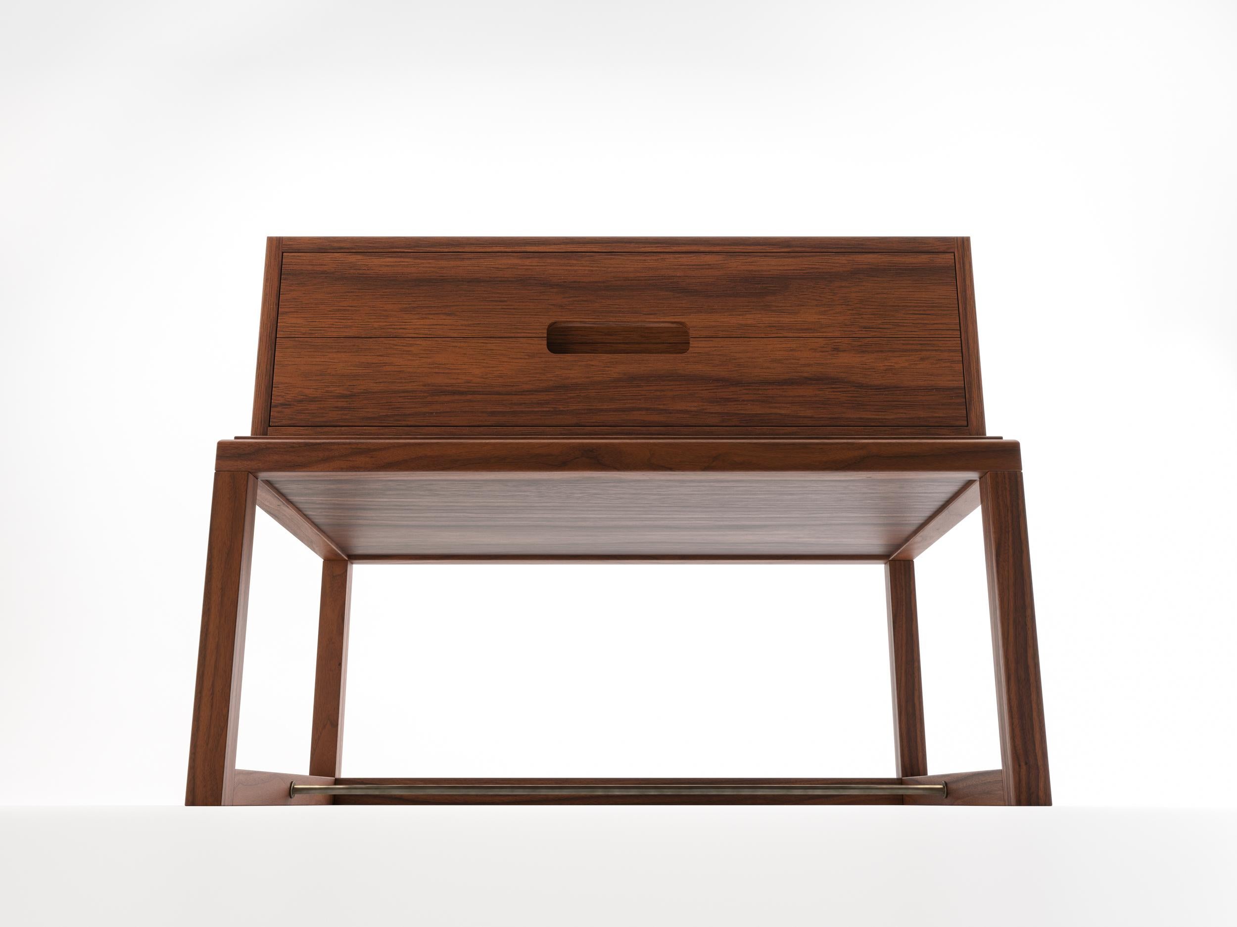 Contemporary Oona Bedside or Side Table in Medium Walnut with Antique Brass Fittings For Sale