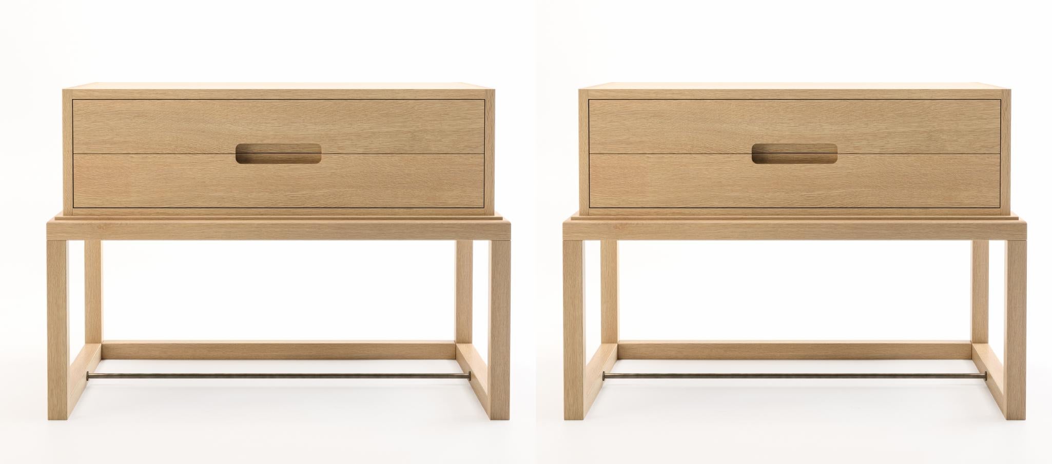 Modern Oona Bedside Tables in Oak with Antique Brass Fittings, Set of 2 For Sale