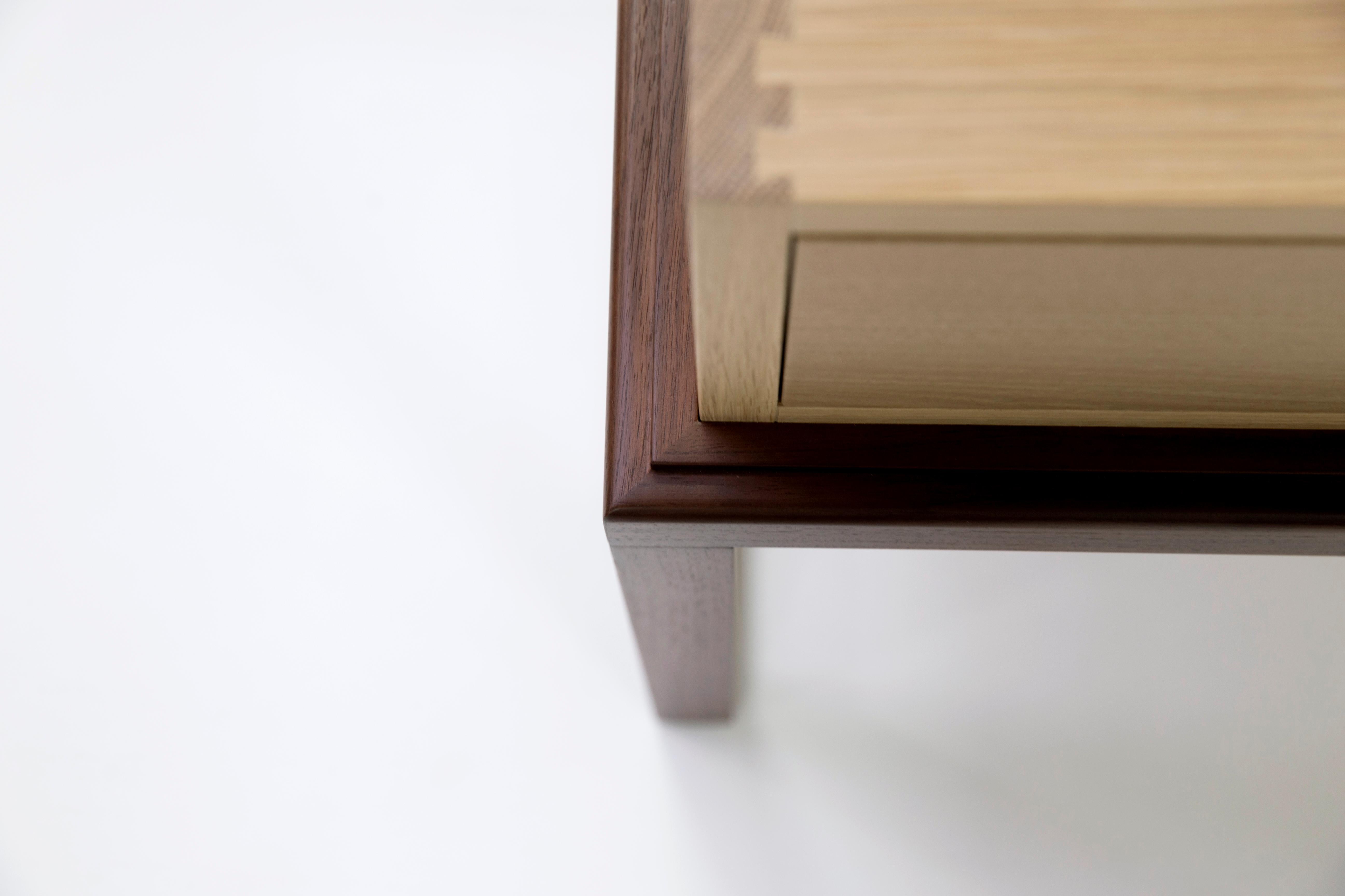Contemporary Oona Single Drawer Bedside or Side Table in Oak and Walnut w/ Bronze Pull For Sale
