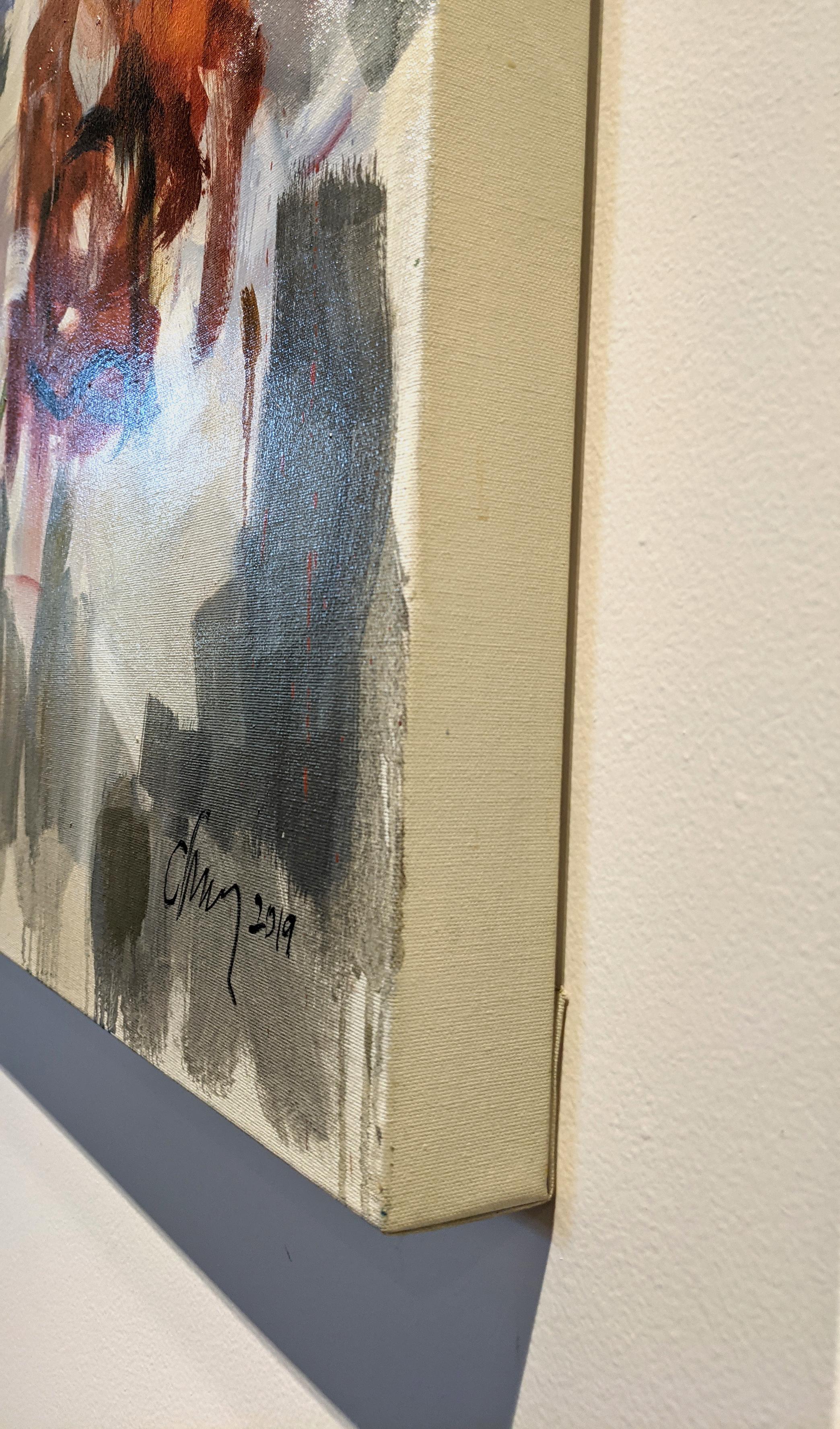 Blue Tarp, Öl auf Leinwand, 60 x 50 in. (ungerahmt, Leinwand in Galerierahmen).

Oonju Chuns großformatige abstrakt-expressionistische Gemälde bedienen sich auf reizvolle Weise der Grundlagen guter, nicht-gegenständlicher Kommunikation. Ihre