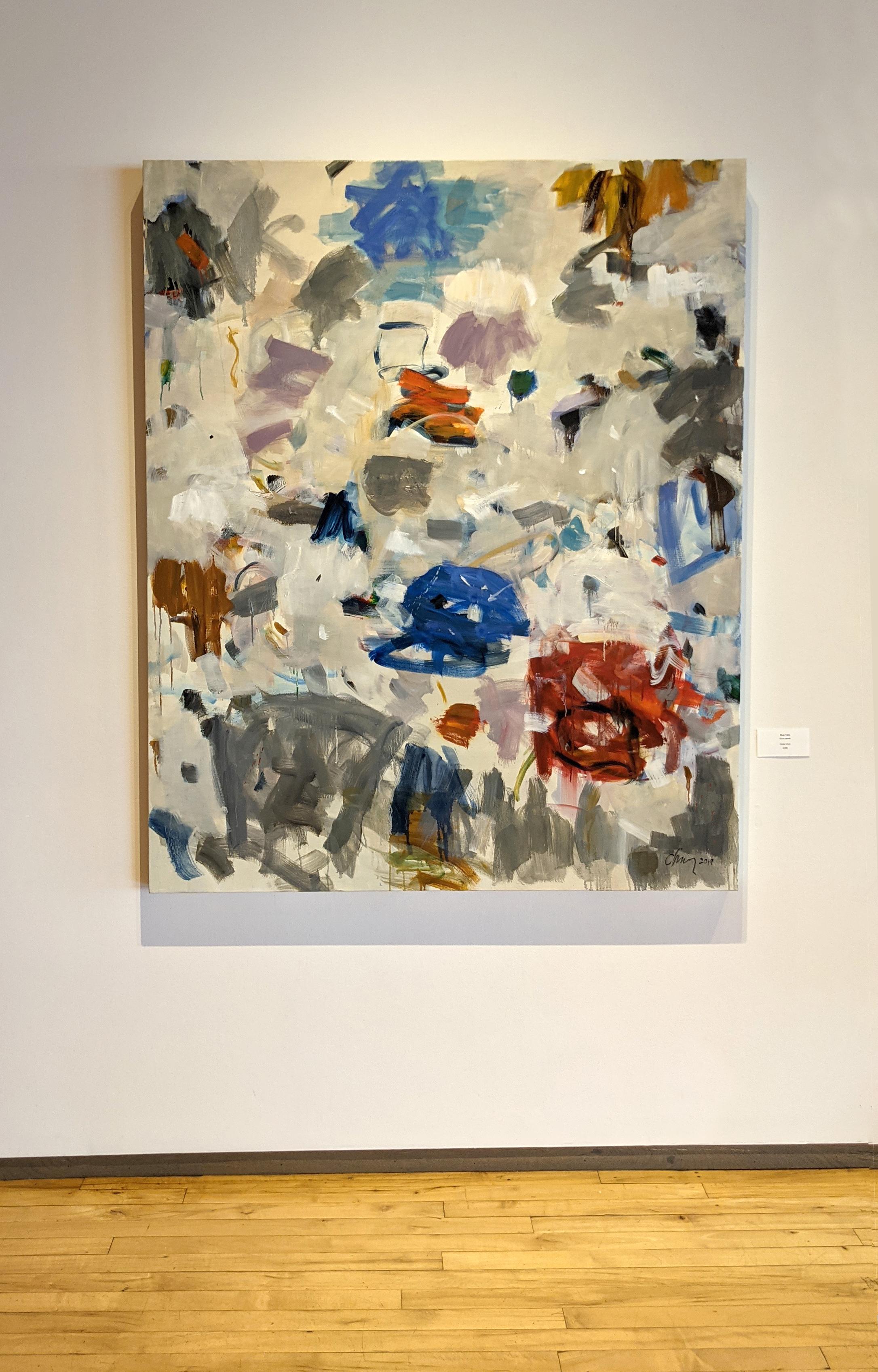 Blue Tarp, oil on canvas, 60 x 50 in. (unframed, gallery-wrapped canvas).

Oonju Chun’s large abstract expressionist paintings delightfully employ the basics of good, nonobjective communication. Her sophisticated gestures energetically convey a