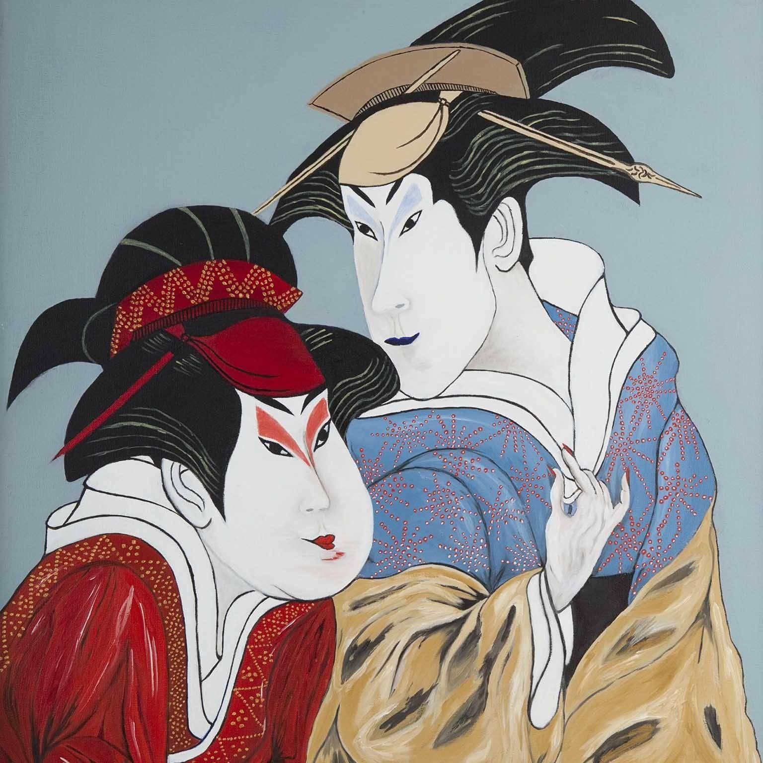 Art Deco Oosterbeek Japanese Couple, Oil on Canvas, France, 2010 For Sale