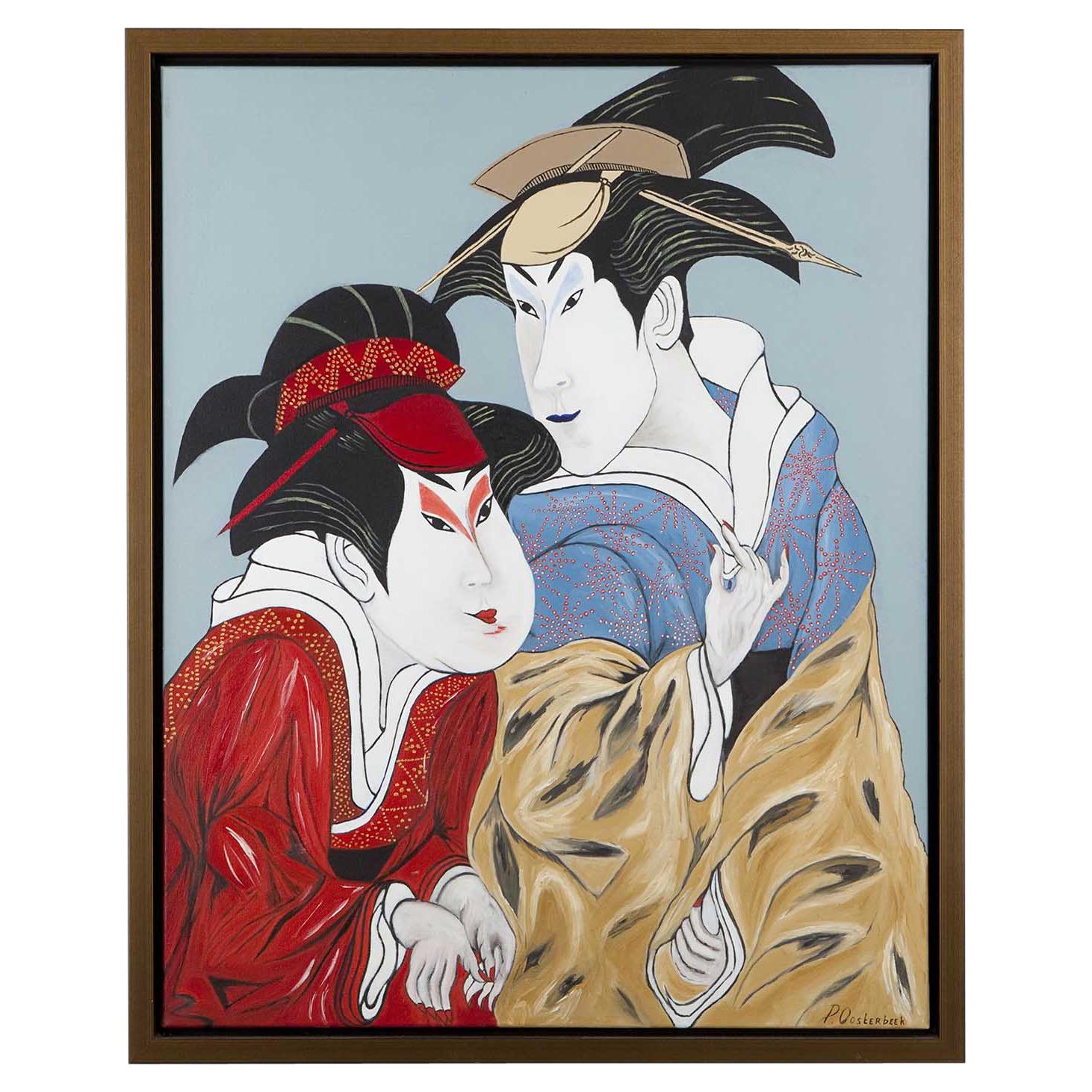 Amorous Couple, Gouache on Linen Canvas For Sale at 1stDibs