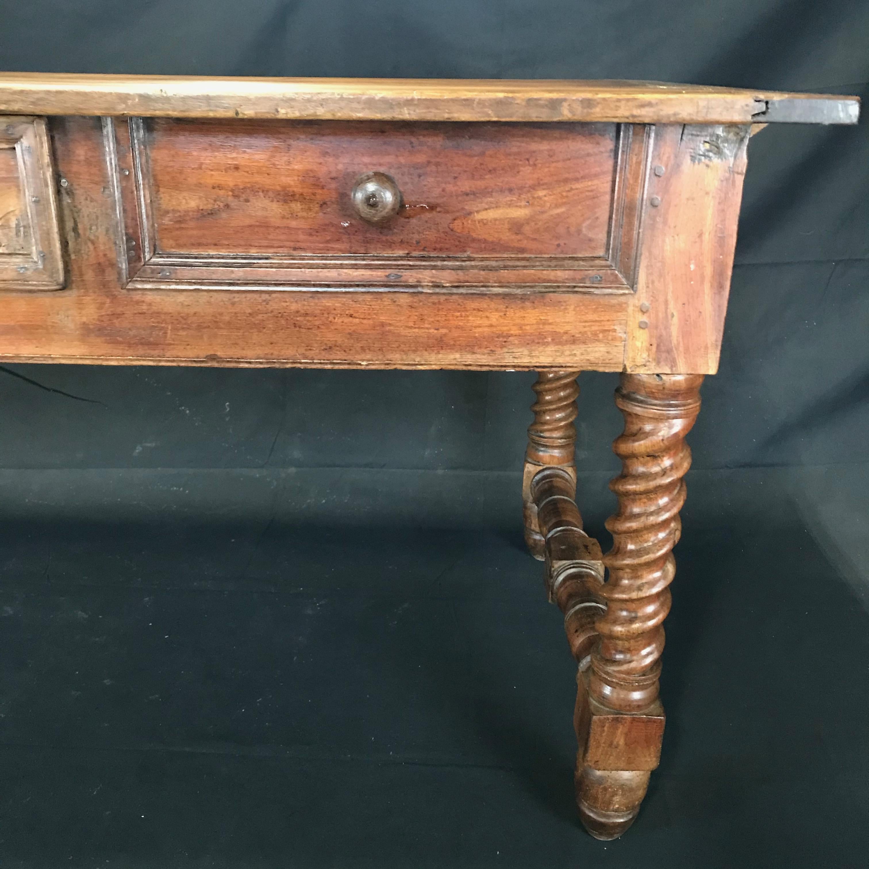 Oozing with Character Large 19th Century Walnut Farm Table or Kitchen Island In Good Condition In Hopewell, NJ