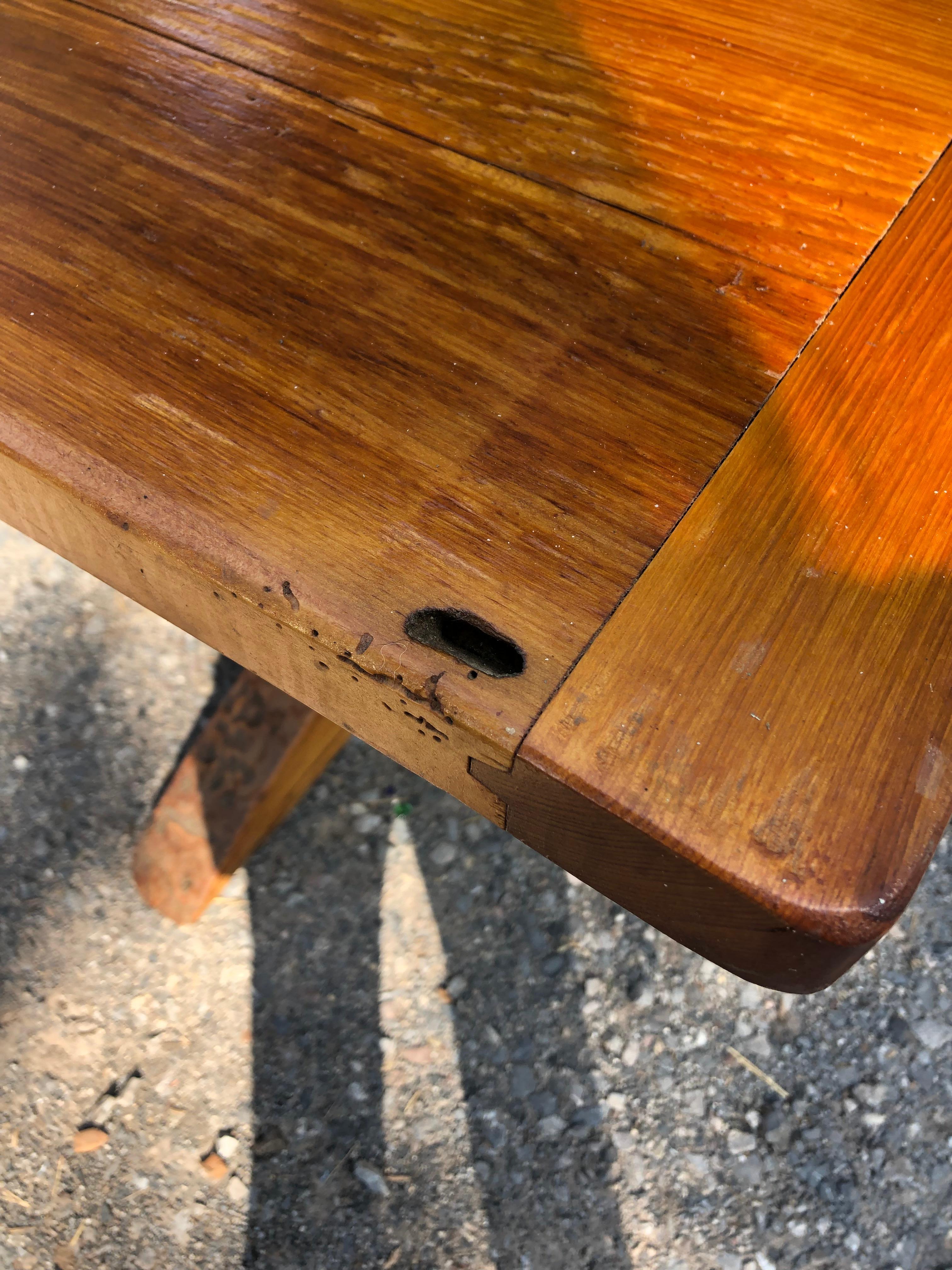 Oozing with Character Large Rustic Pine Farm Table with Hand Hewn Base For Sale 2
