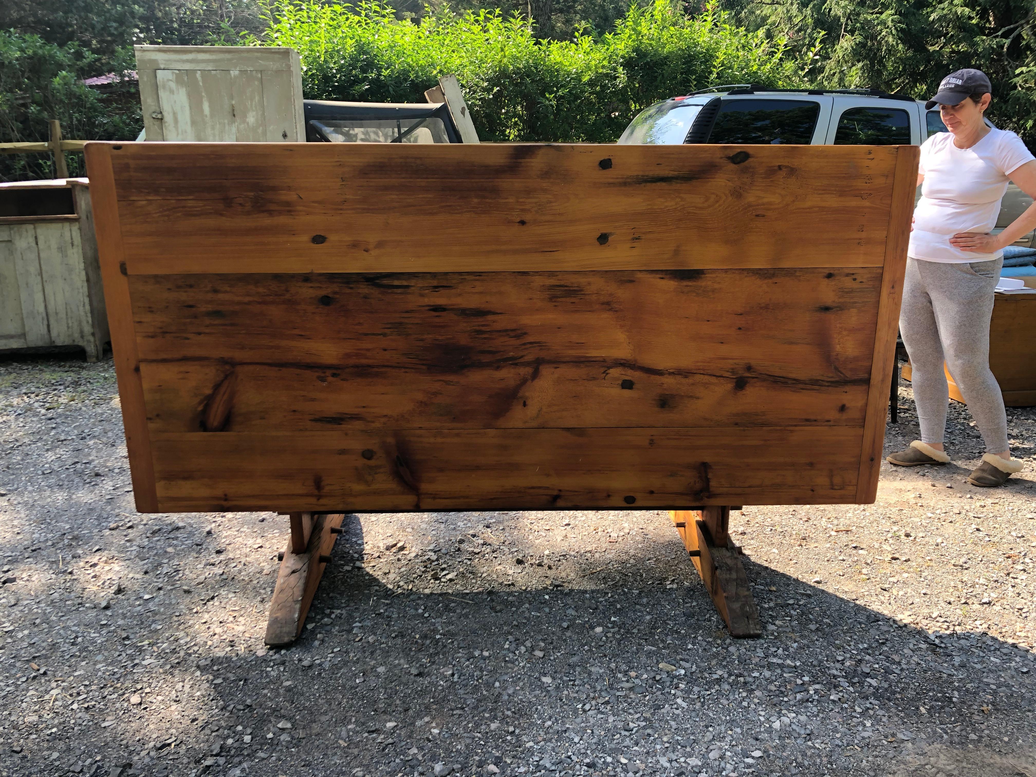 Oozing with Character Large Rustic Pine Farm Table with Hand Hewn Base For Sale 4