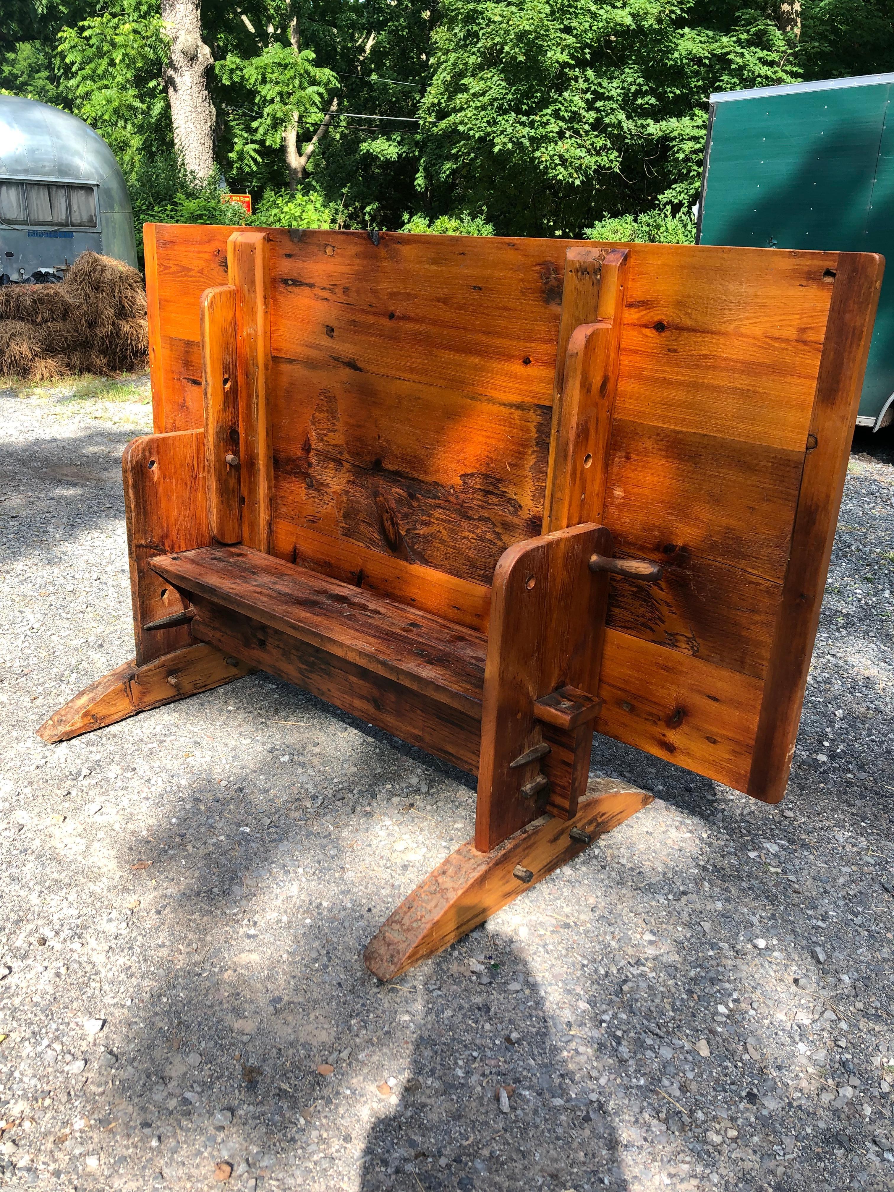 Oozing with Character Large Rustic Pine Farm Table with Hand Hewn Base For Sale 5