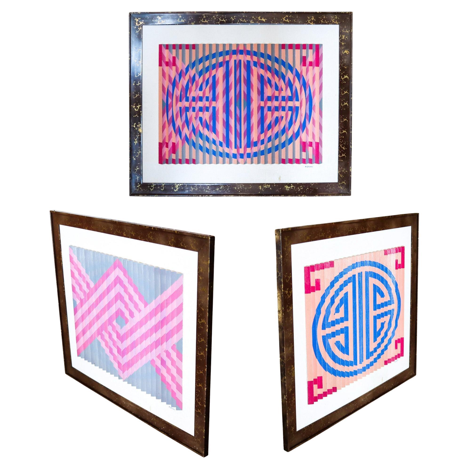 OP-ART 1970 HENRY Pezzo d'arte ottica tridimensionale in legno verniciato