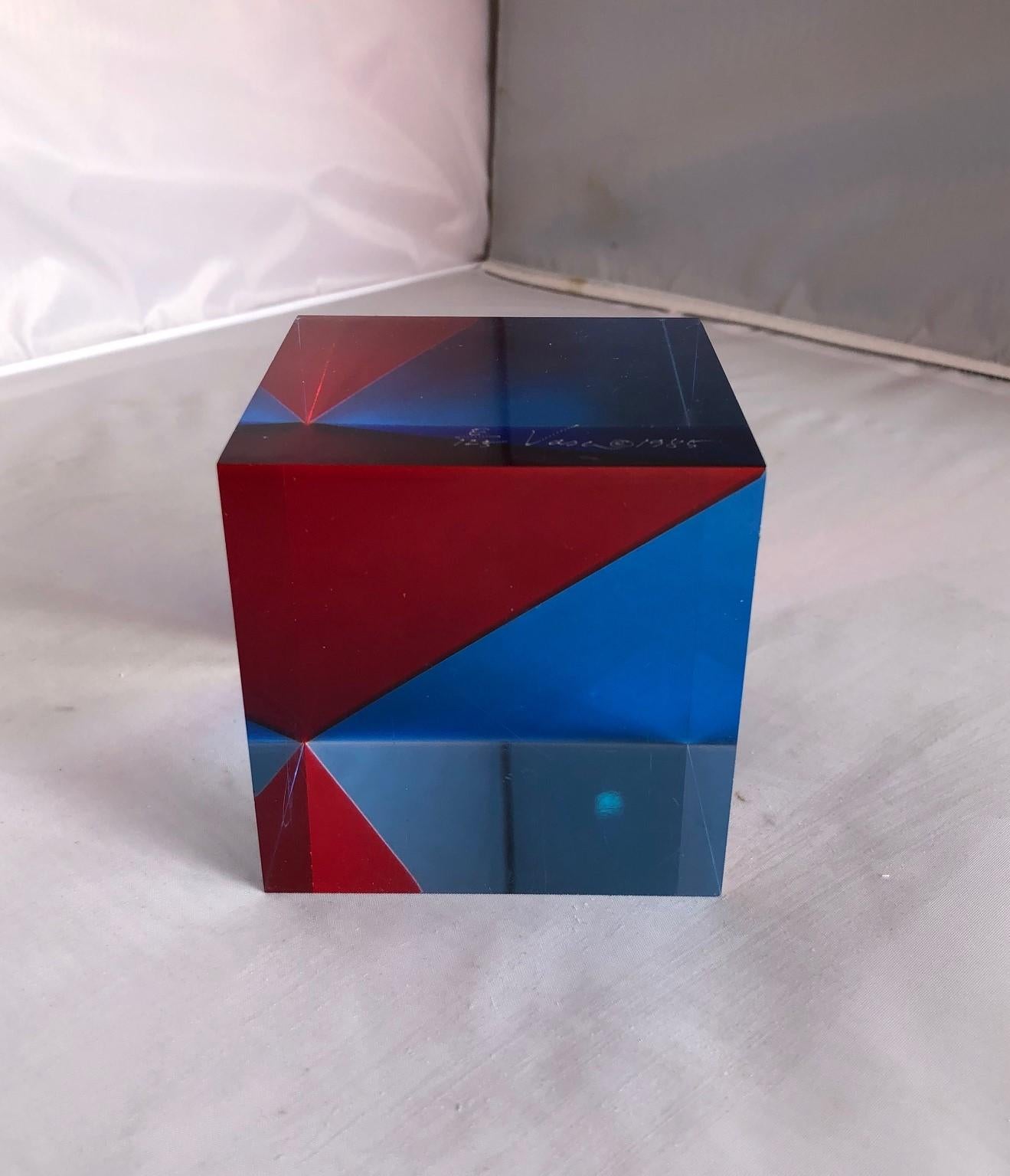 Post-Modern Op Art Acrylic Cube Sculpture by Vasa Mihich