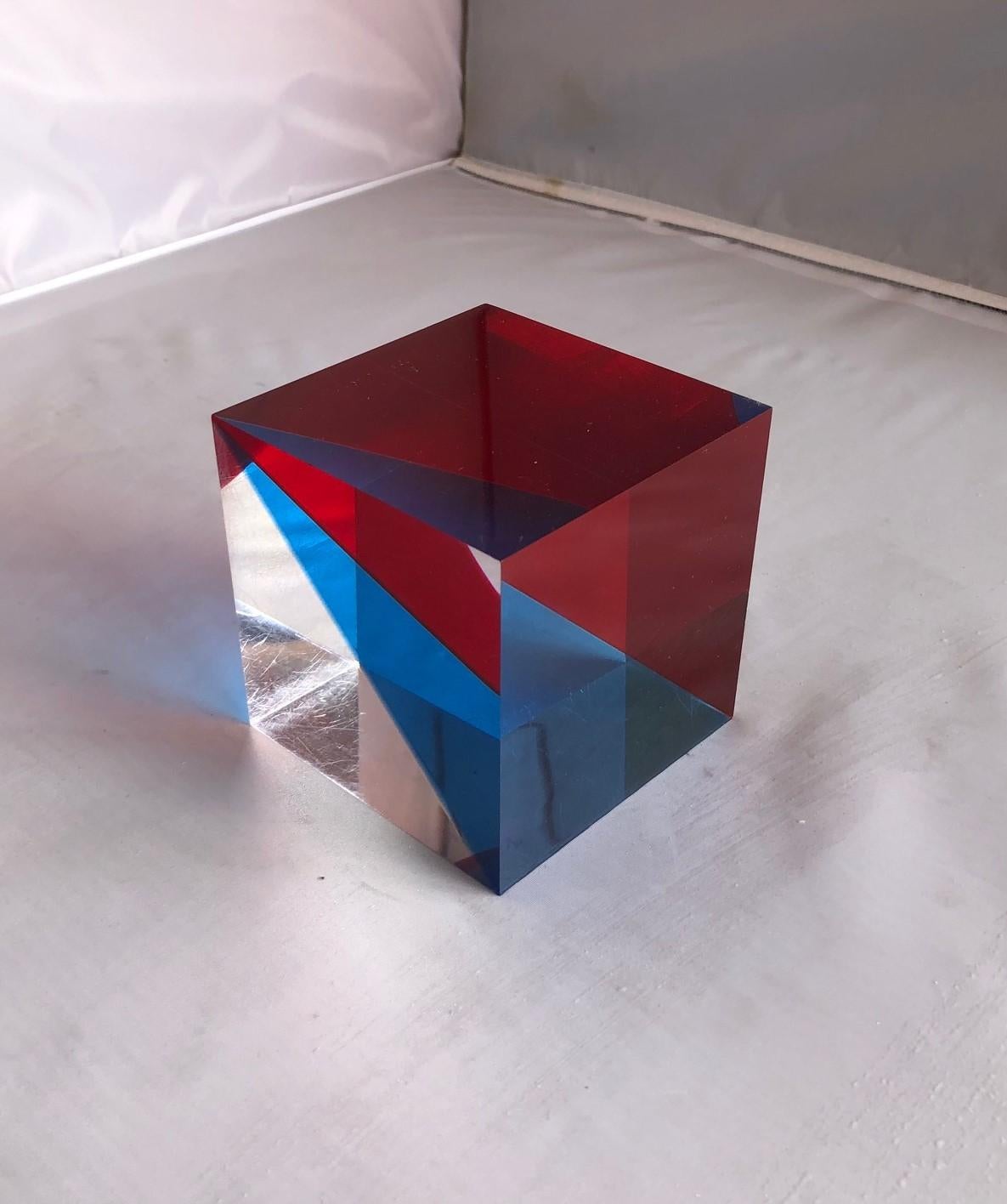 Cast Op Art Acrylic Cube Sculpture by Vasa Mihich