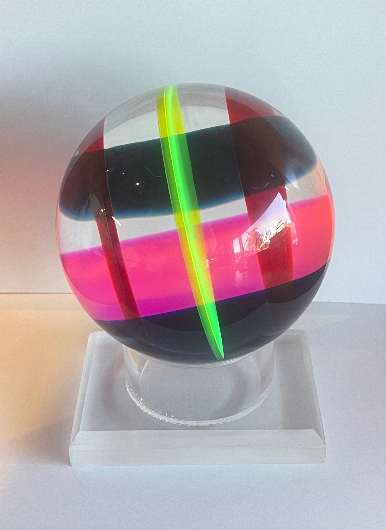 American Op Art Acrylic Sphere on Stand Sculpture by Vasa Mihich For Sale