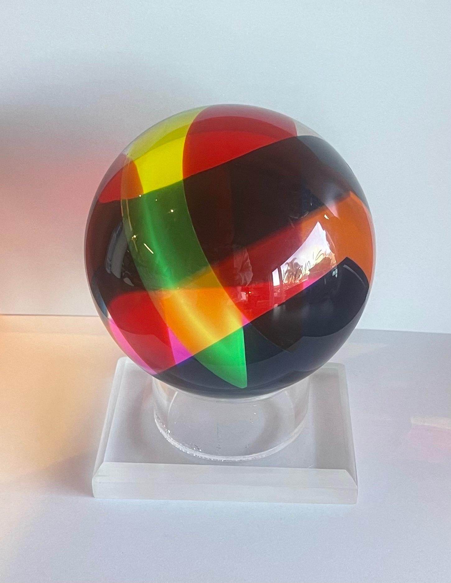 20th Century Op Art Acrylic Sphere on Stand Sculpture by Vasa Mihich For Sale