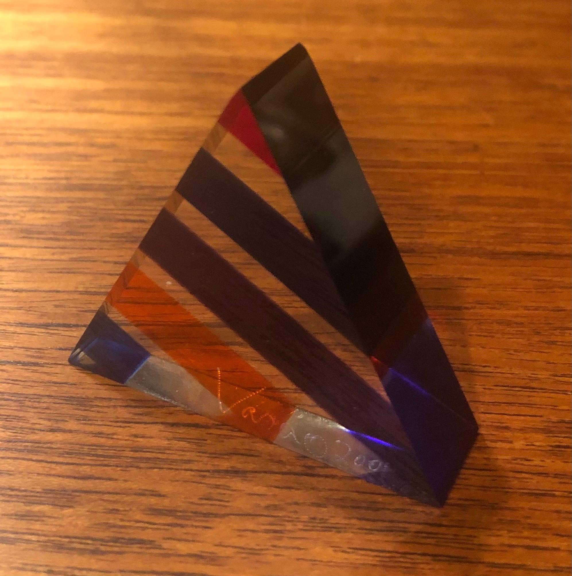 Op Art Acrylic Triangle Pyramid Sculpture / Paperweight by Vasa Mihich 2