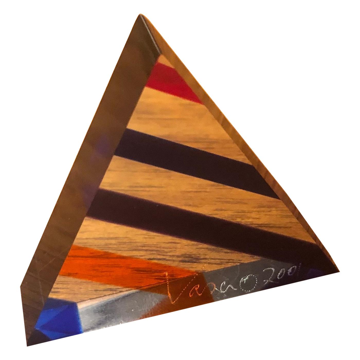 Op Art Acrylic Triangle Pyramid Sculpture / Paperweight by Vasa Mihich
