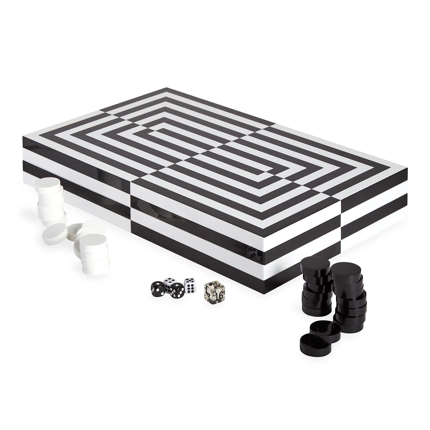 Contemporary Op Art Backgammon Set in Black and White Lacquer