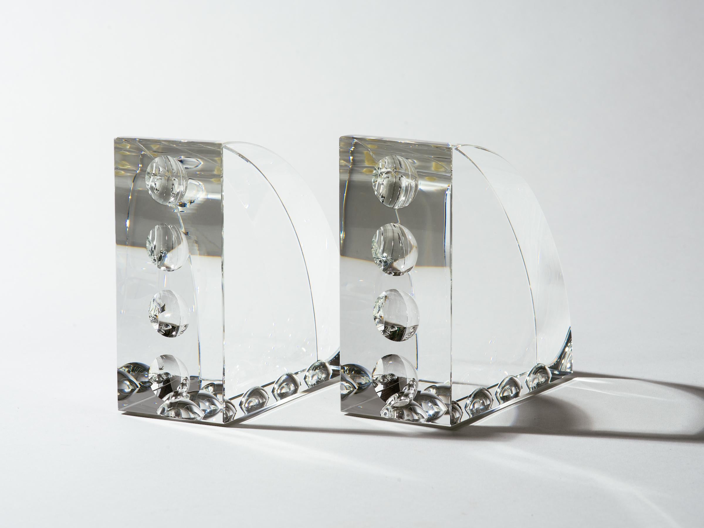 American Op Art Engraved Clear Glass Arched Book Ends For Sale