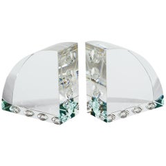 Op Art Engraved Clear Glass Arched Book Ends
