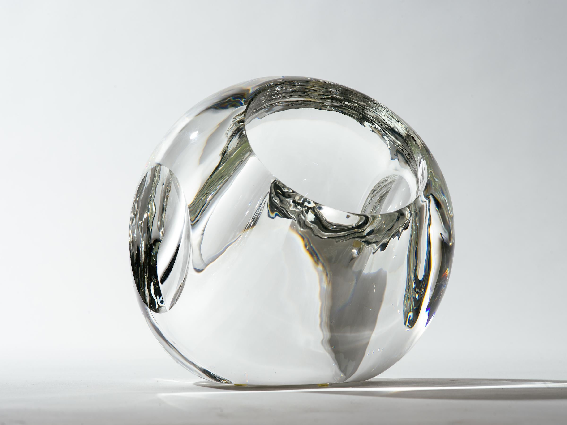 Postmodern Op Art engraved convex glass sphere sculpture vase by Veritas, circa 2017. Acid engraved signature on bottom.