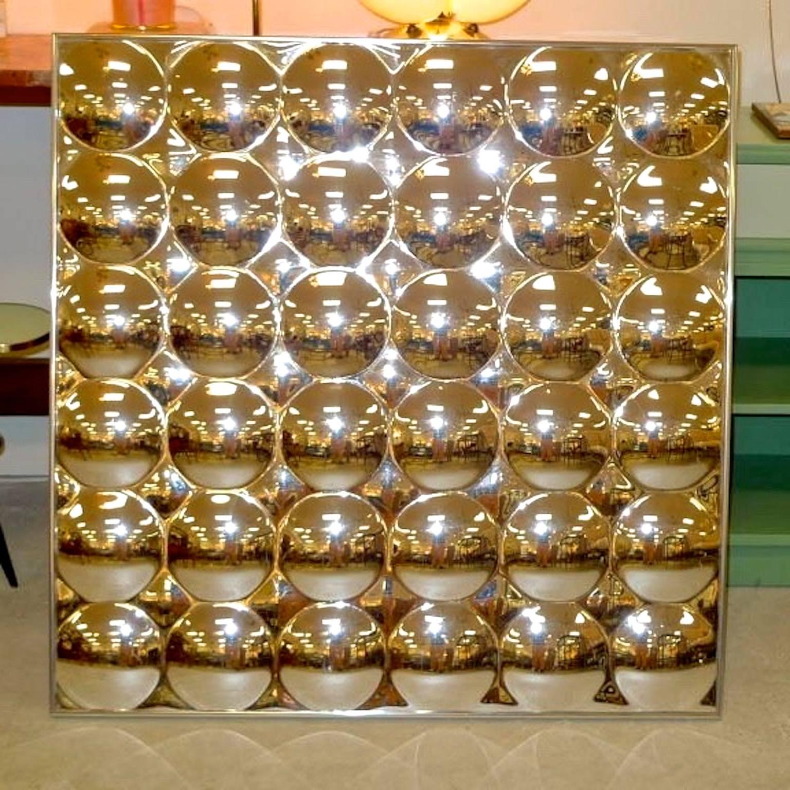Space Age Op Art framed square panel of 36 convex bubble mirrors produced by Turner Designs circa 1970 of extruded ABS chrome plastic sheet.

Newly framed.

These look great everywhere.