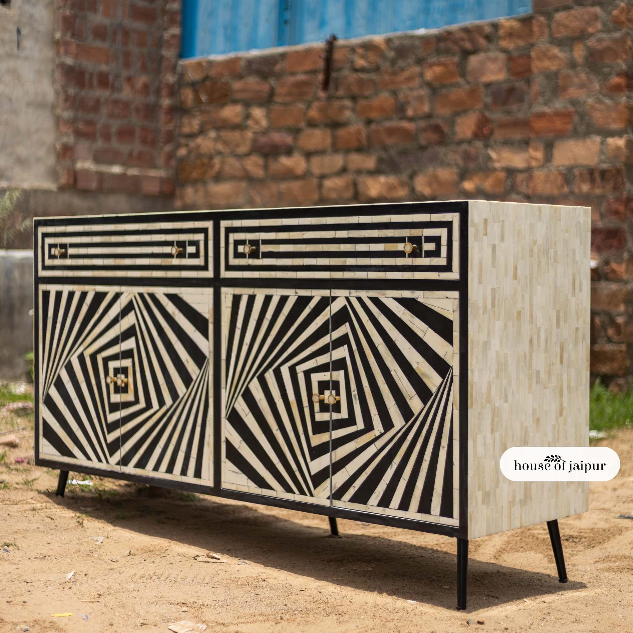 Contemporary Op-Art Illusion Bone Inlay Sideboard Buffet by House of Jaipur