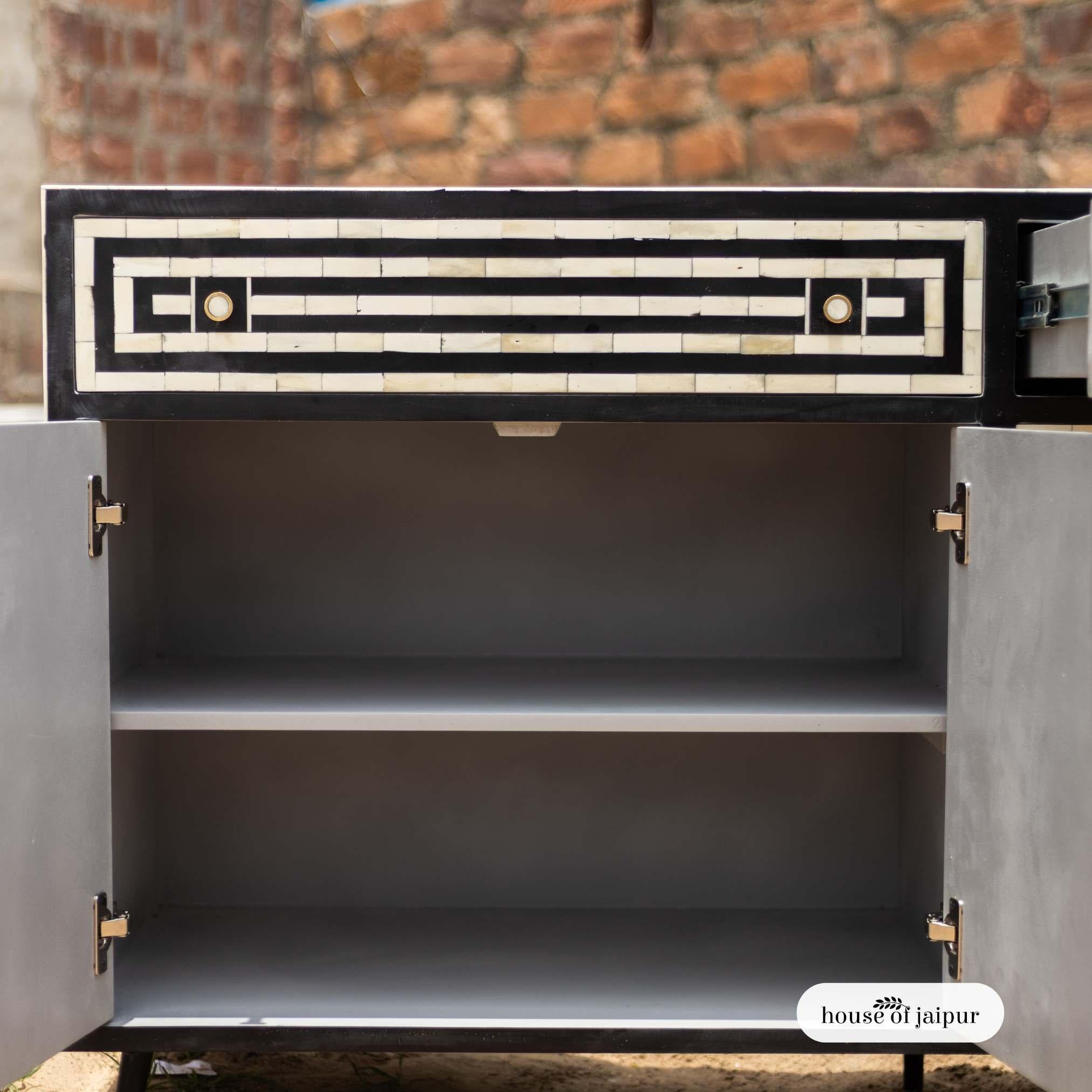 Wood Op-Art Illusion Bone Inlay Sideboard Buffet by House of Jaipur