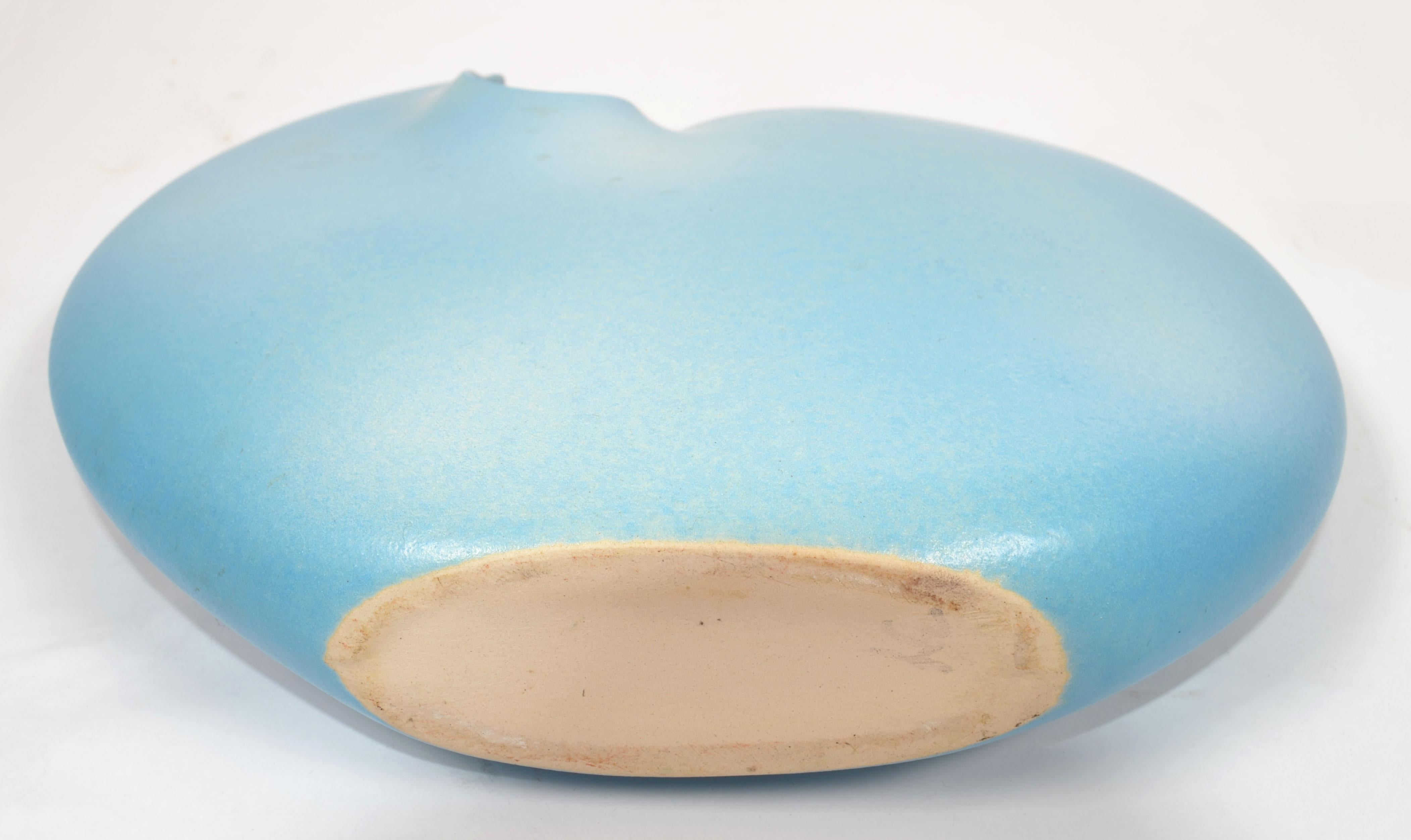 Op Art Japan Ceramic Baby Blue and White Round Flat Vase Mid-Century Modern For Sale 6