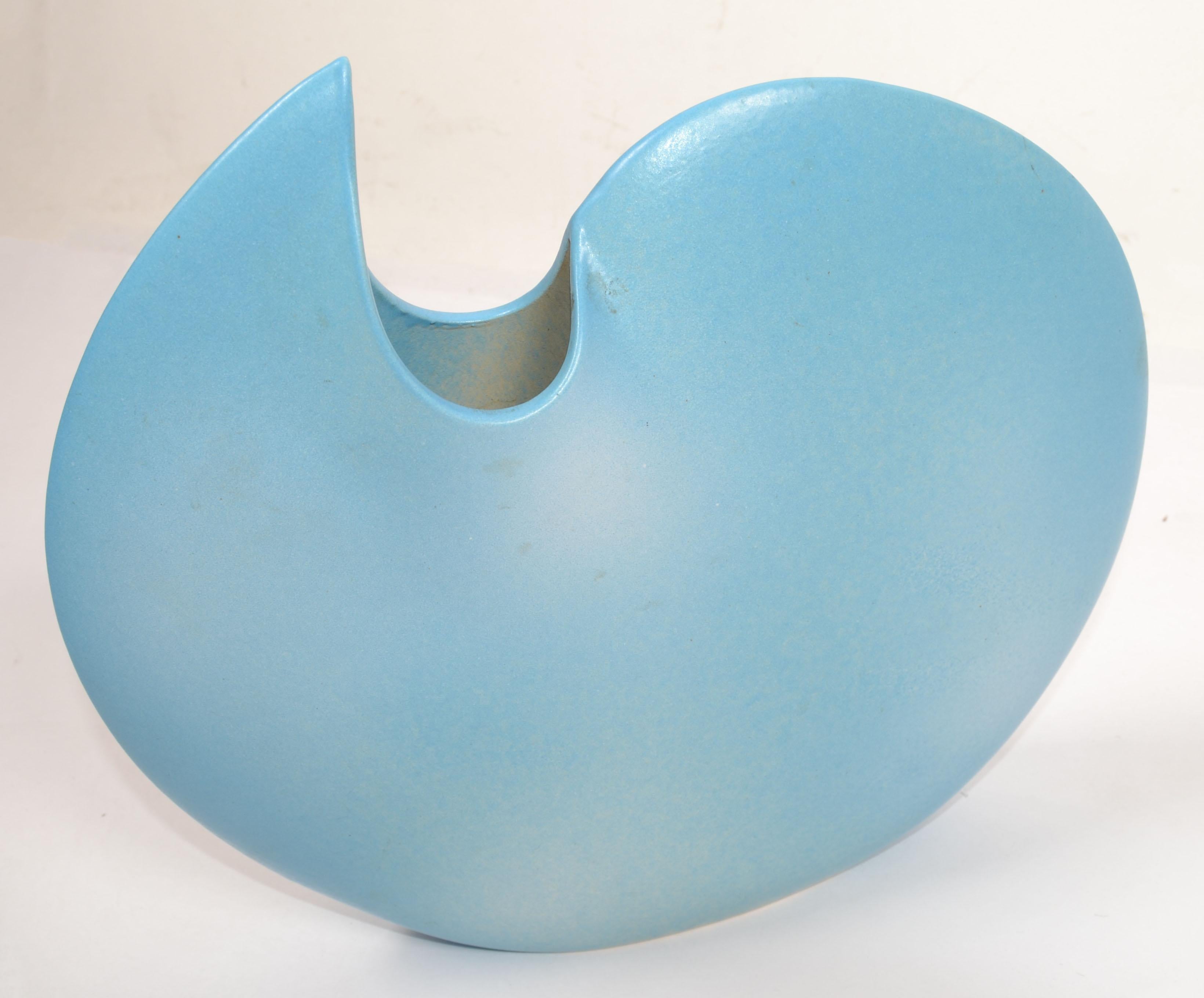 Japanese Op Art Japan Ceramic Baby Blue and White Round Flat Vase Mid-Century Modern For Sale