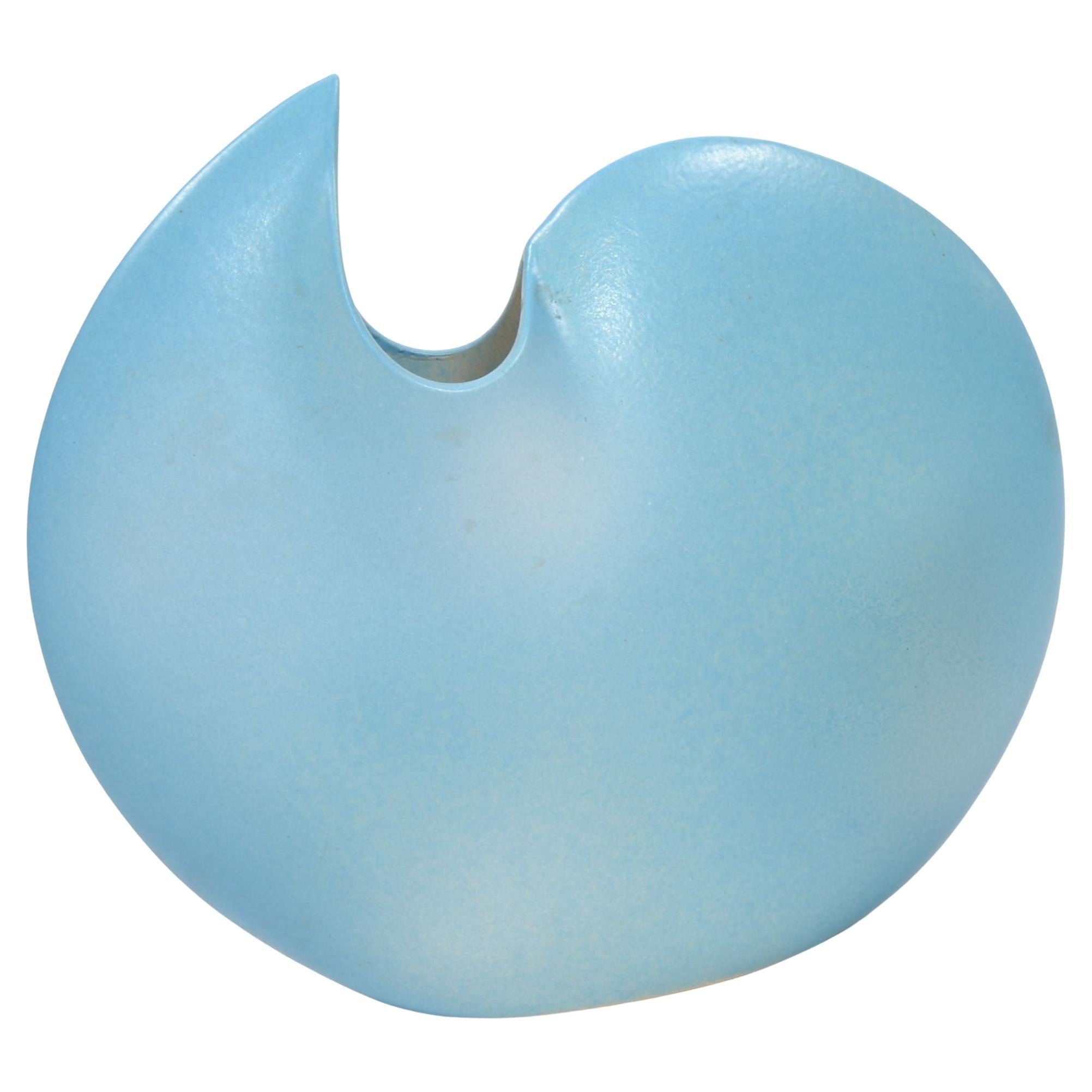 Op Art Japan Ceramic Baby Blue and White Round Flat Vase Mid-Century Modern