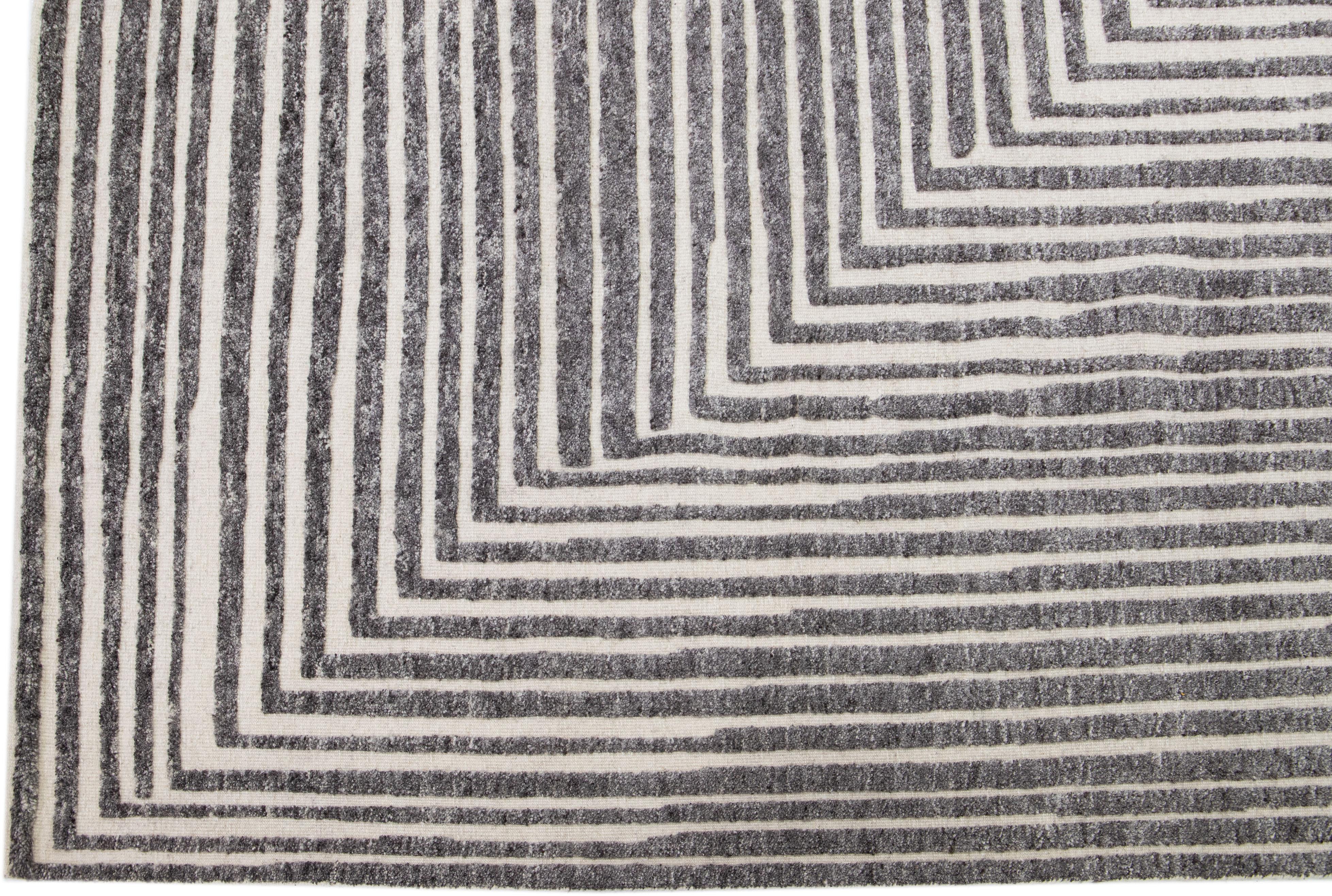 Hand-Knotted Op Art Modern Moroccan Style Gray Handmade Wool Rug by Apadana For Sale